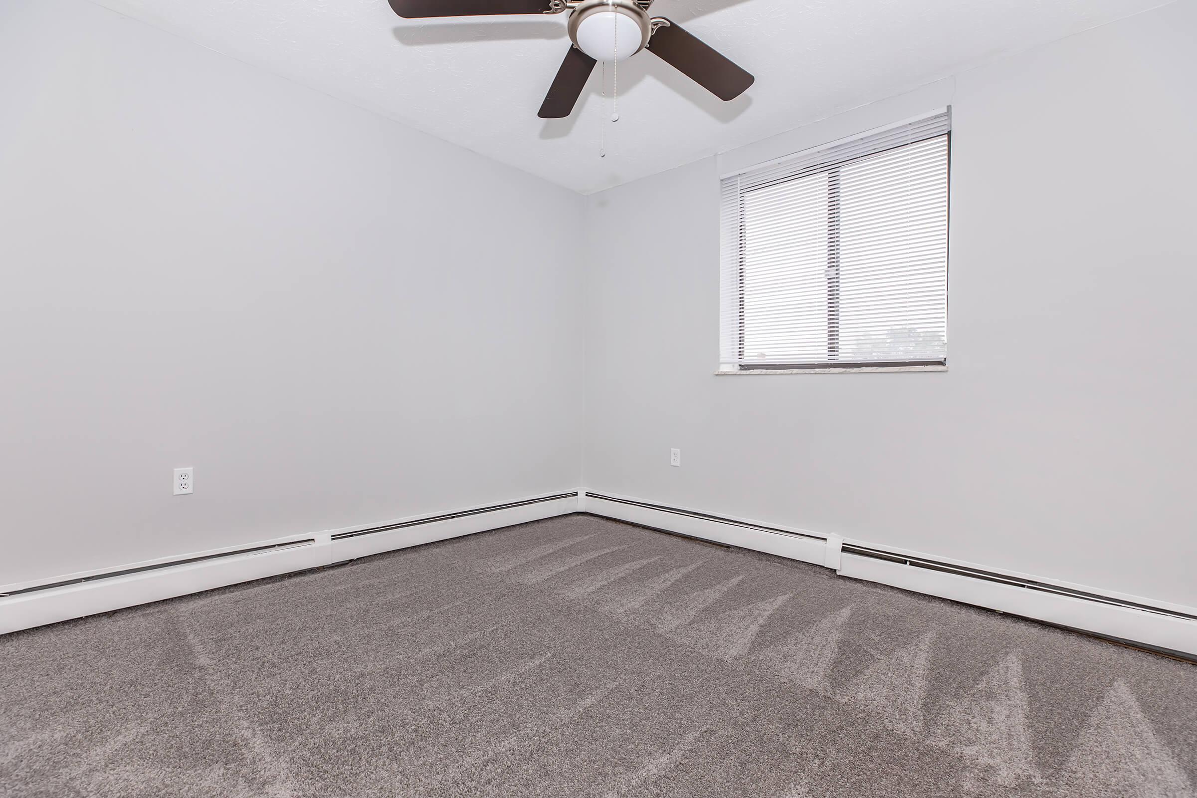 Empty room with light gray walls and a dark gray carpet. A ceiling fan with wooden blades is overhead. A window with blinds lets in natural light. The overall atmosphere is clean and minimalistic, suitable for various decor styles.