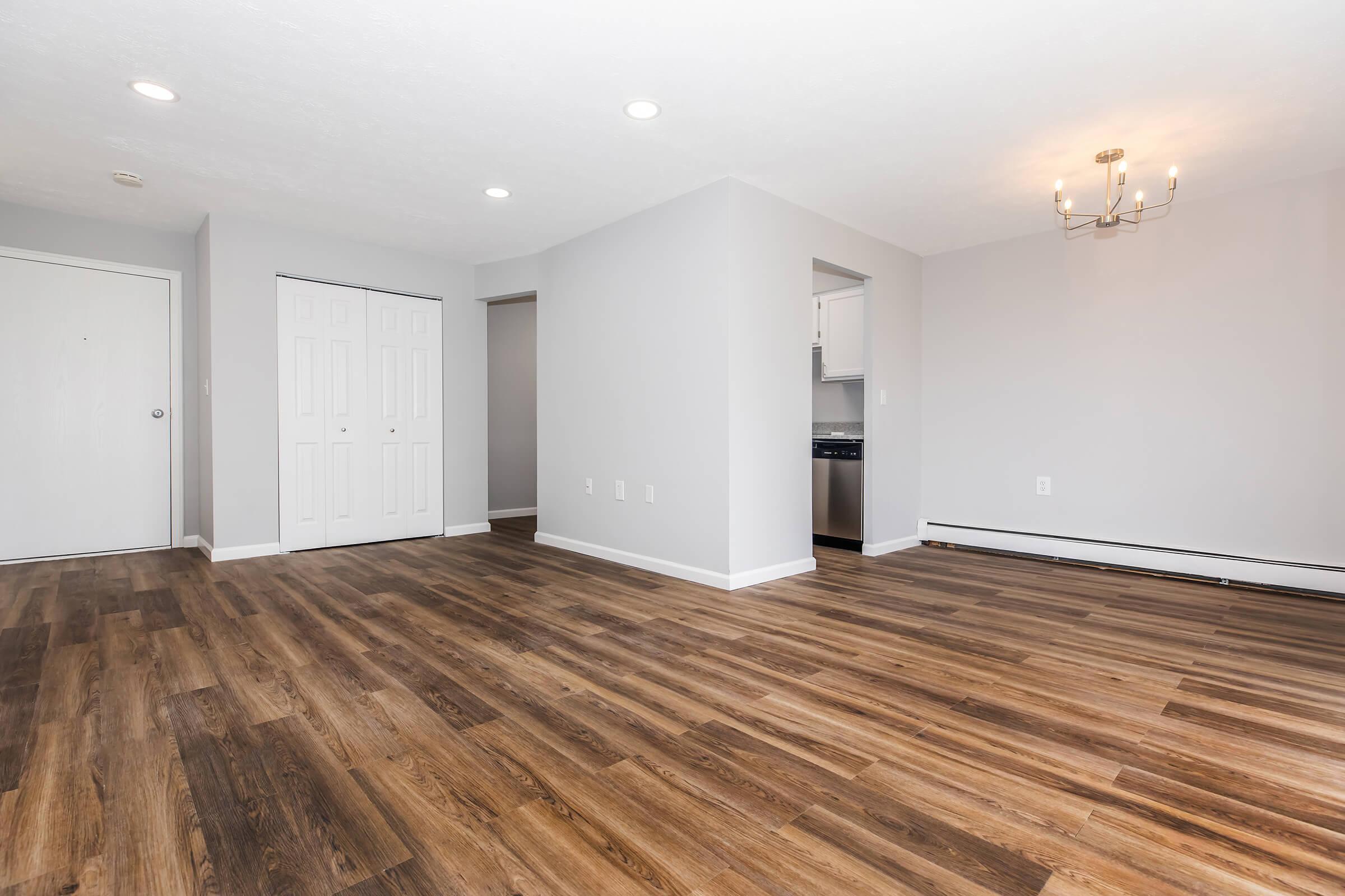 A spacious, modern living area featuring light gray walls, hardwood-style flooring, and recessed lighting. To the left, there's a closed white door and a double closet with white doors. In the background, a doorway leads to a kitchen area, accented by a simple chandelier overhead, creating an inviting atmosphere.