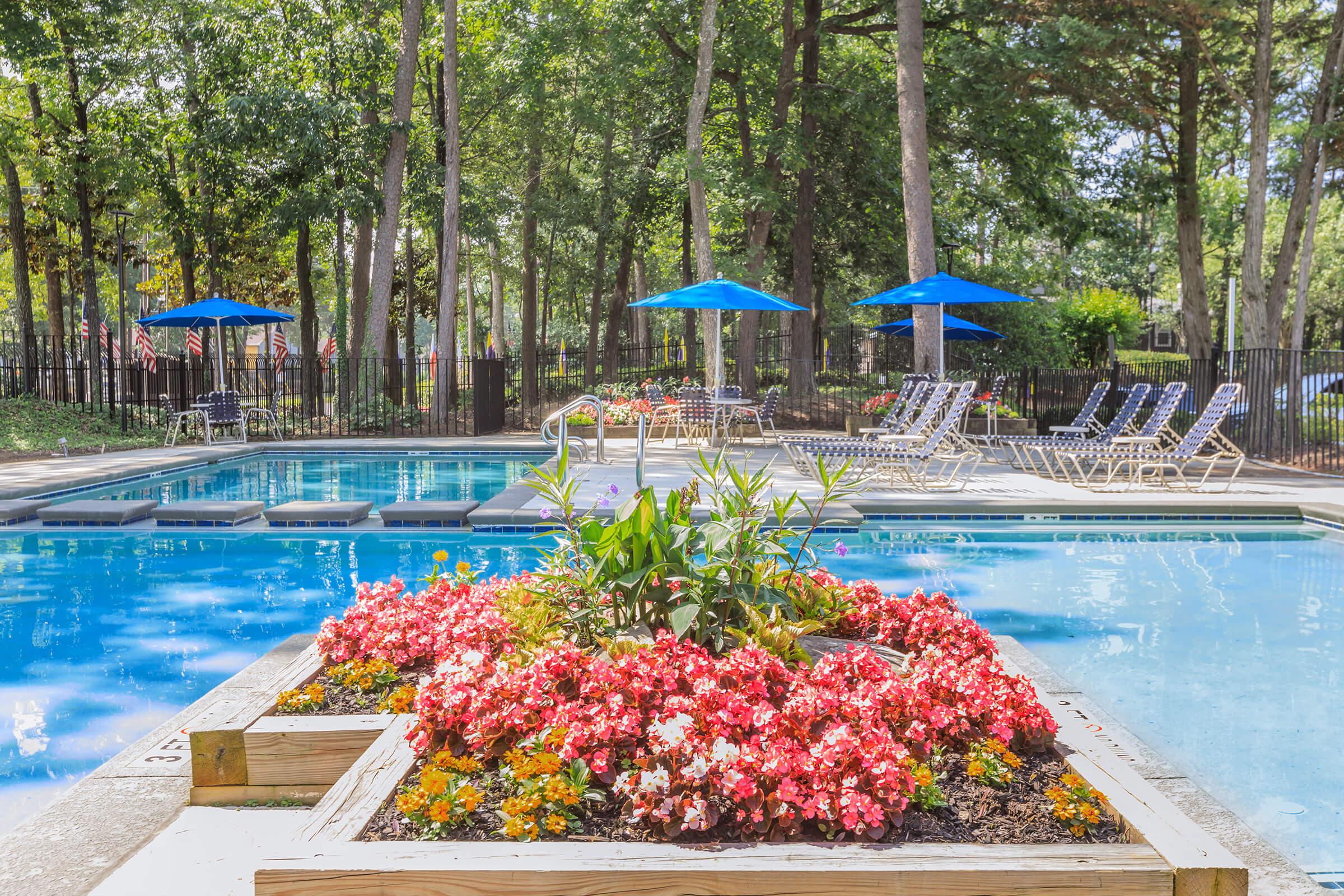 a colorful flower garden in front of a pool