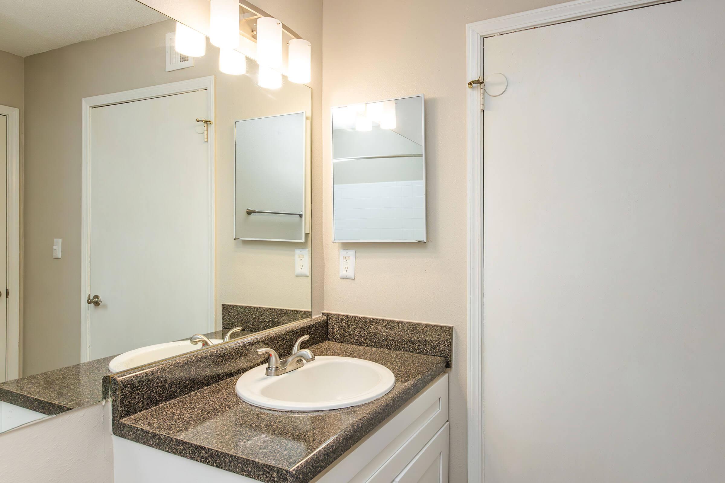 a double sink and large mirror