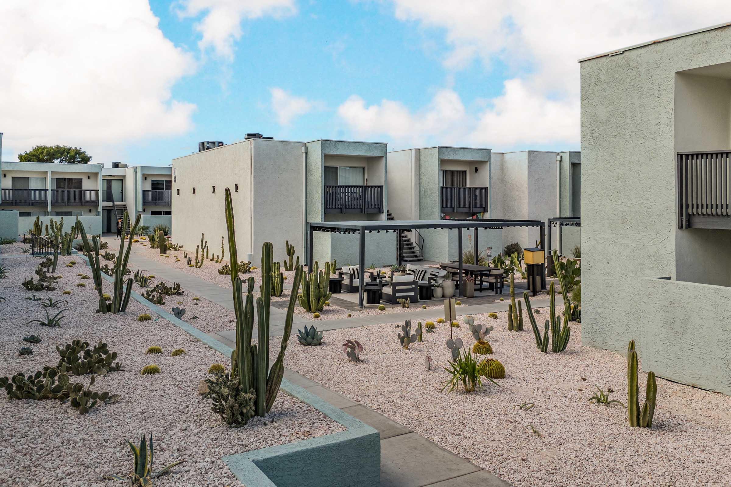 A modern apartment complex featuring white buildings surrounded by a desert landscape. The foreground showcases a rocky garden with various cacti and desert plants, while a shaded seating area with outdoor furniture is centrally located. The sky is bright with scattered clouds.