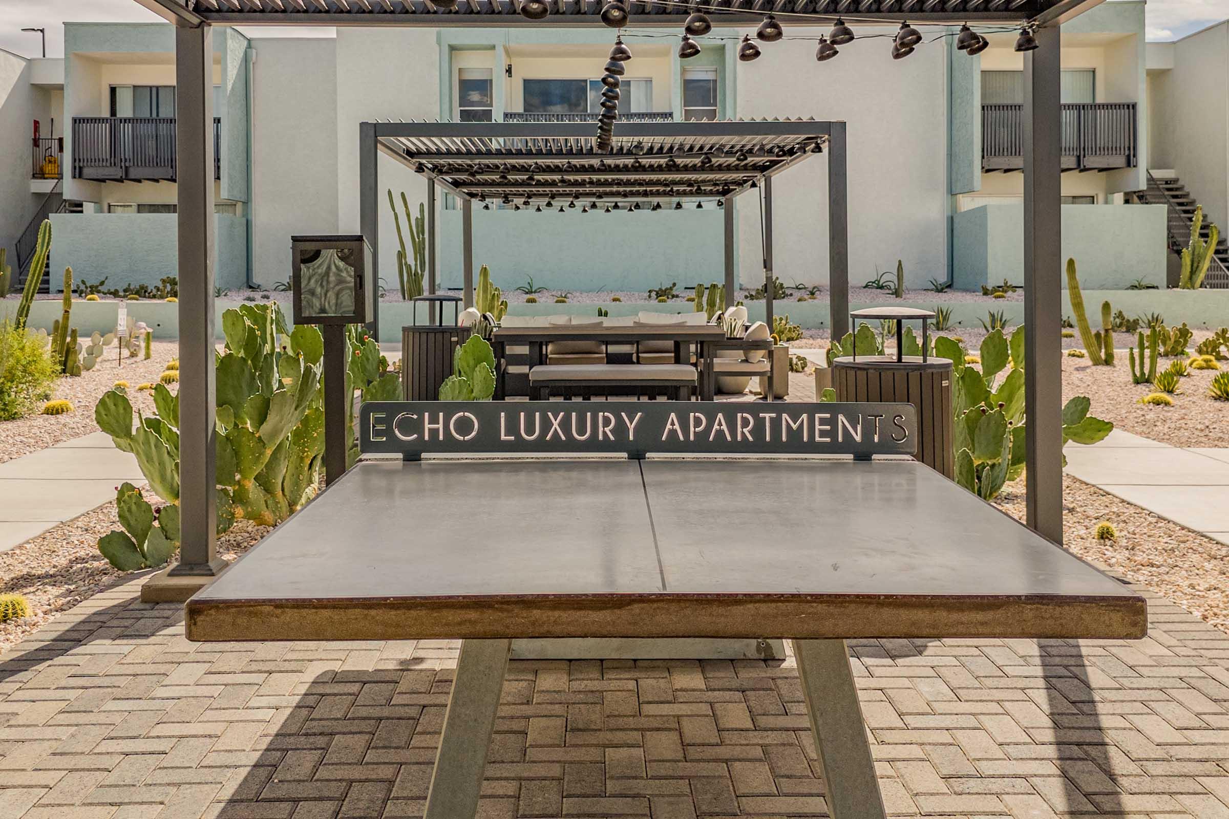 A view of an outdoor seating area for Echo Luxury Apartments, featuring a large picnic-style table under a pergola. Surrounding the space are desert plants and cacti, with modern architecture visible in the background. The setting is bright and inviting, ideal for communal gatherings.