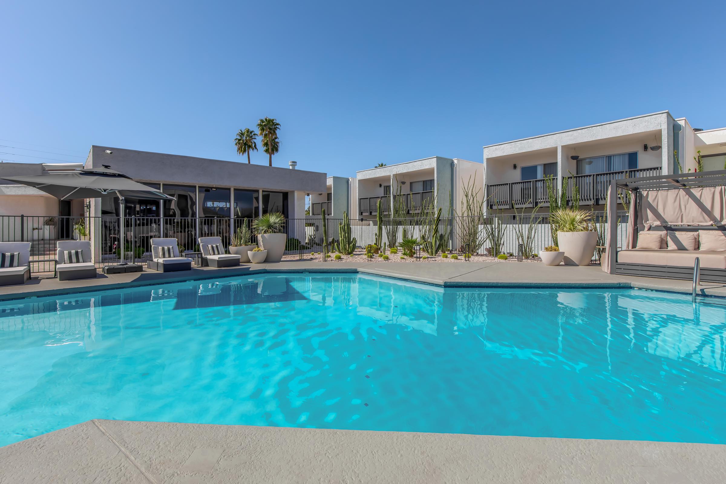 A crystal-clear swimming pool surrounded by lounge chairs and palm trees, with modern buildings in the background. The setting is bright and inviting, featuring a clear blue sky and landscaped greenery near the pool area.