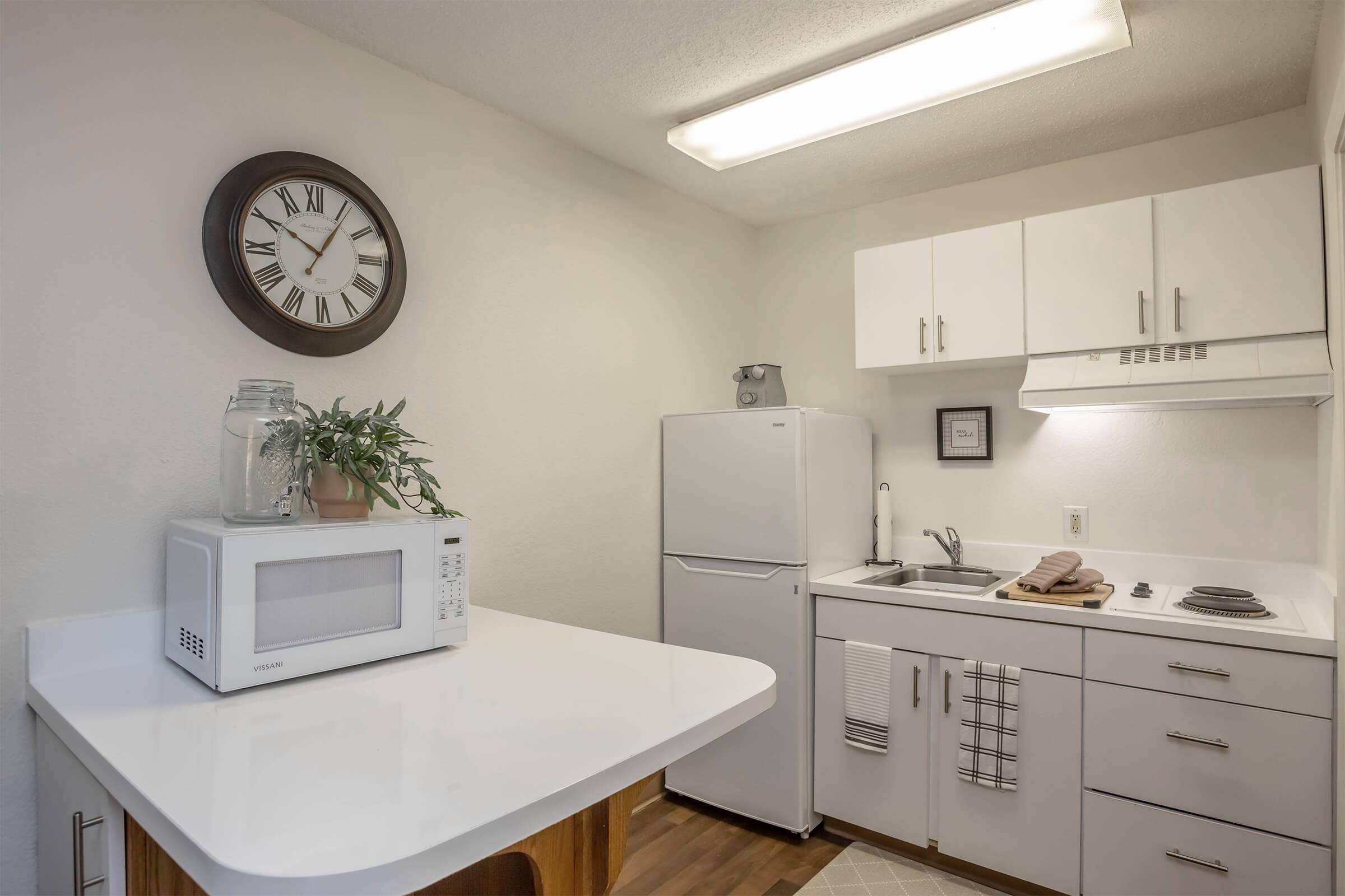 A modern kitchen featuring a white refrigerator and a microwave on a counter. There is a clock on the wall, a sink, and white cabinetry. A potted plant sits on the counter. The lighting is bright, creating a clean and inviting atmosphere.