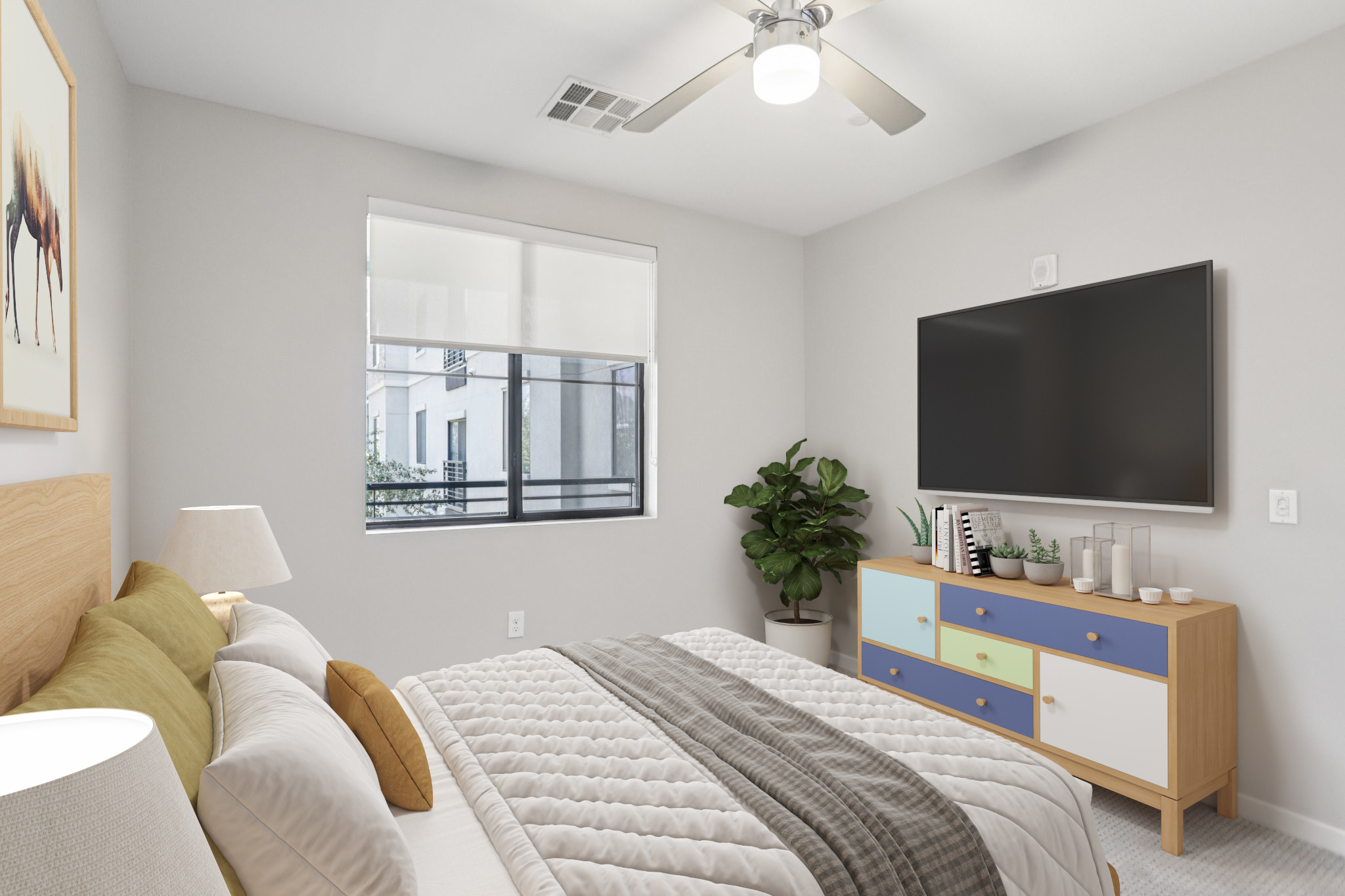 A modern bedroom featuring a bed with decorative pillows and a cozy blanket, a bedside lamp, a colorful dresser with blue and yellow drawers, a wall-mounted television, and a potted plant. Large windows allow natural light to fill the space, creating a bright and inviting atmosphere.