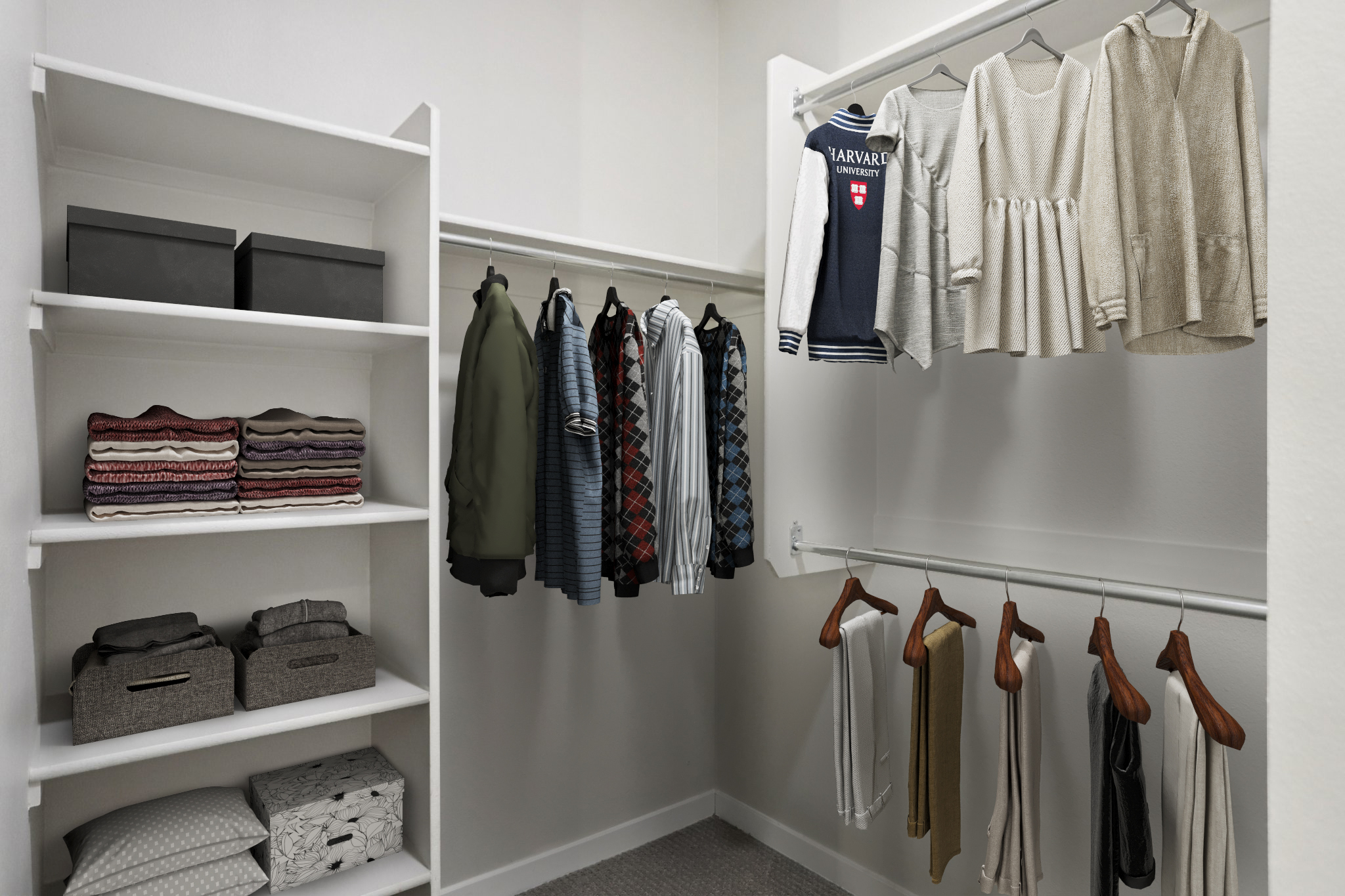 A well-organized walk-in closet featuring shelves with neatly folded clothes and boxes, a hanging rod with various shirts and sweaters, and a clean, neutral-colored design. The clothing items include a mix of casual and slightly formal attire, all arranged neatly for easy access.