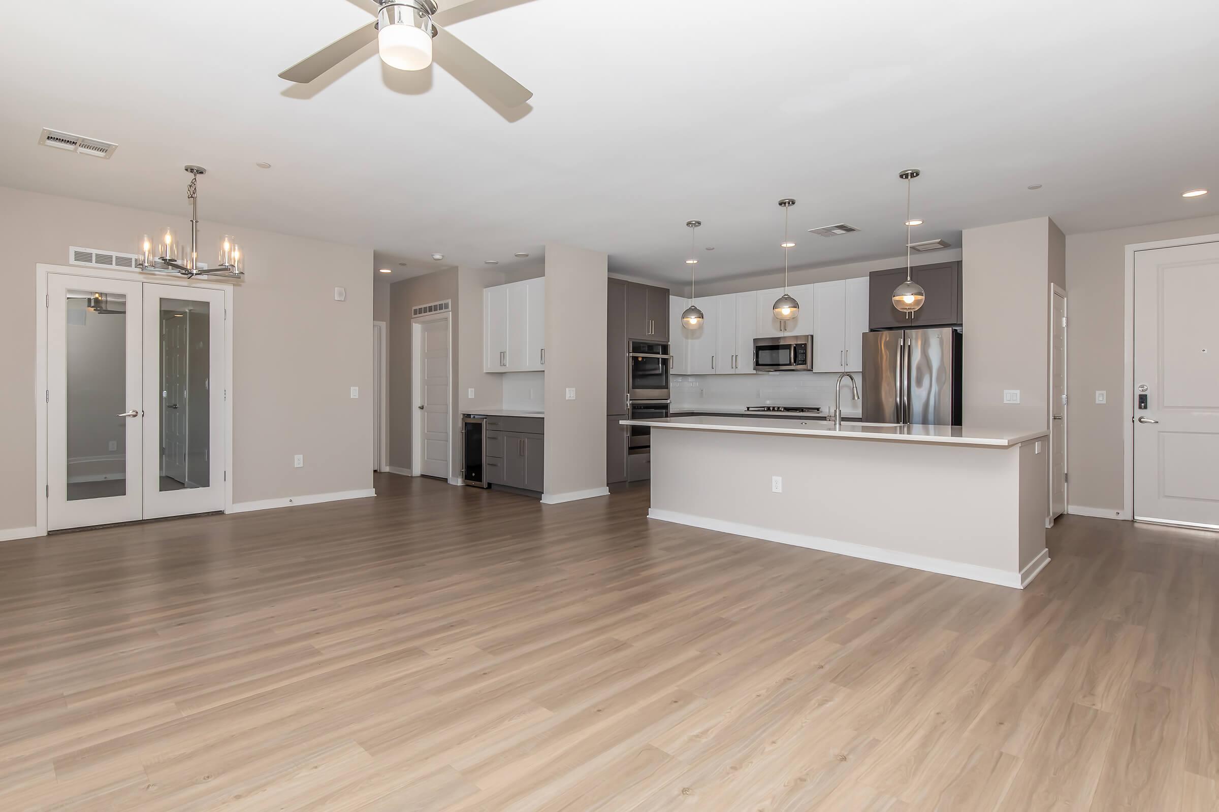 a large room with a wood floor