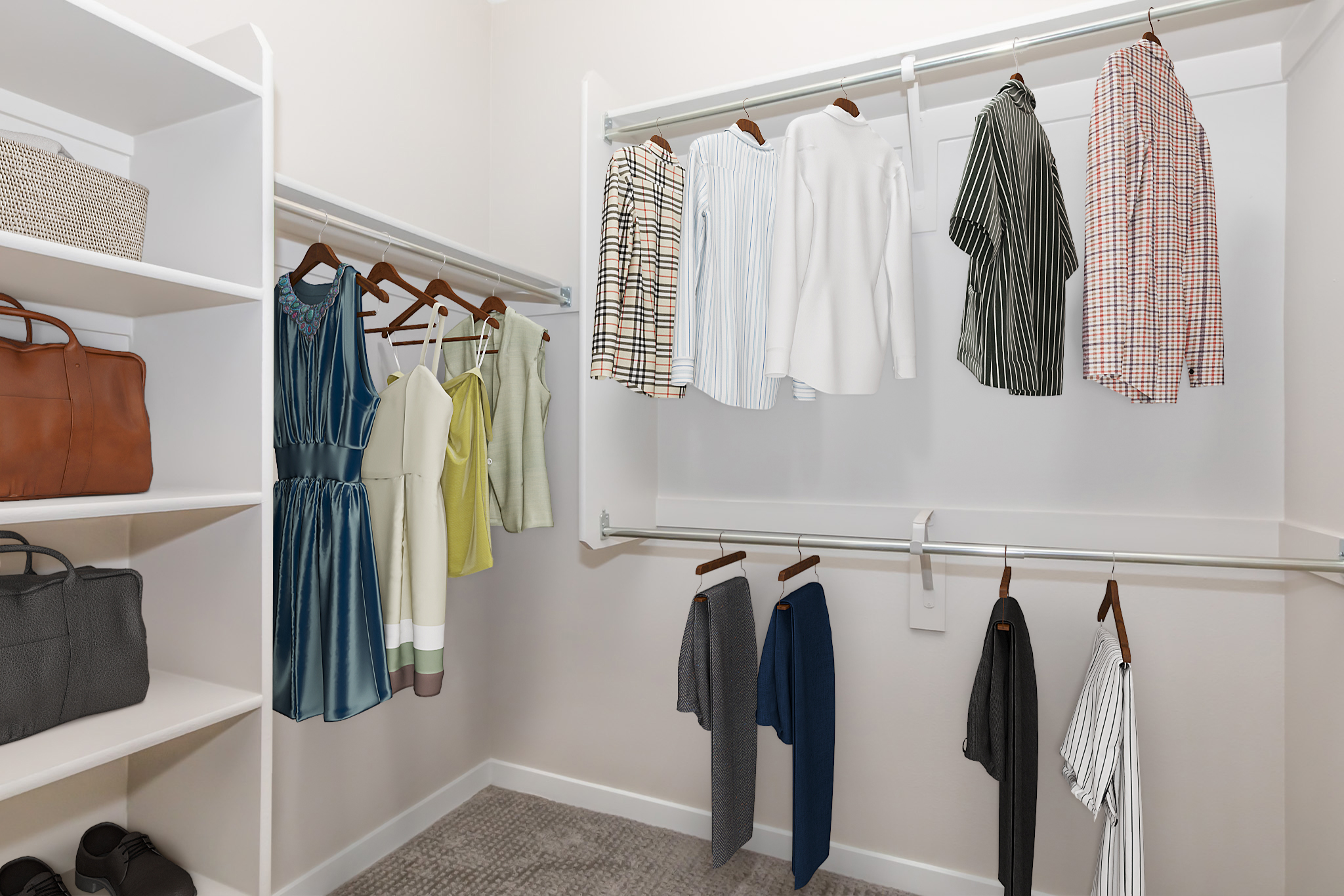 A well-organized walk-in closet featuring a variety of clothing items on hangers, including dresses, shirts, and pants. The closet has white shelves storing bags and other accessories, with light-colored walls and a soft carpeted floor, giving a neat and spacious appearance.