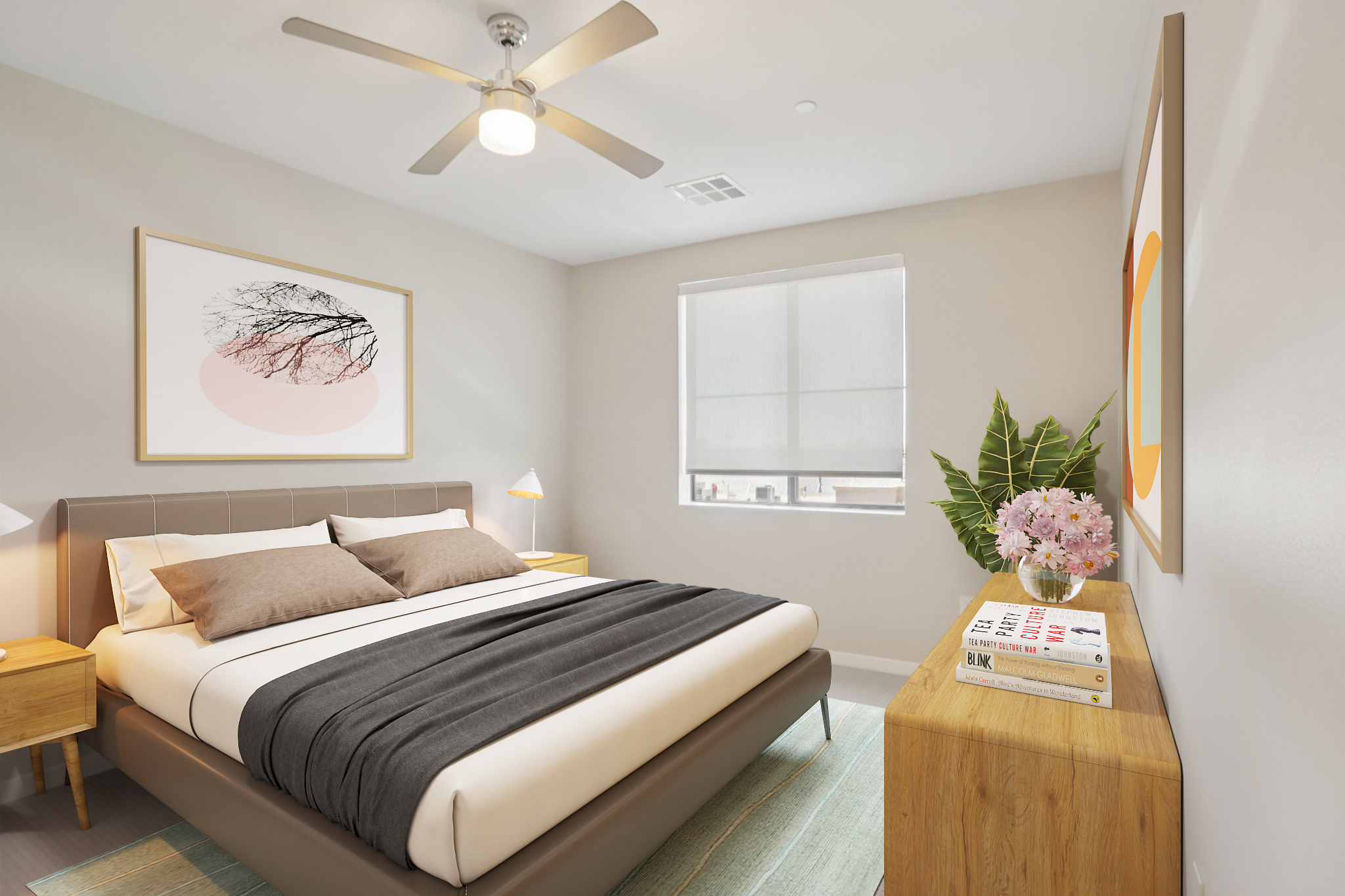 A modern bedroom featuring a light-colored wall, a queen-sized bed with a grey blanket and brown pillows, a nightstand with a lamp and books, a window with sheer blinds, and decorative elements like a plant and a framed artwork on the wall. Bright and inviting ambiance.