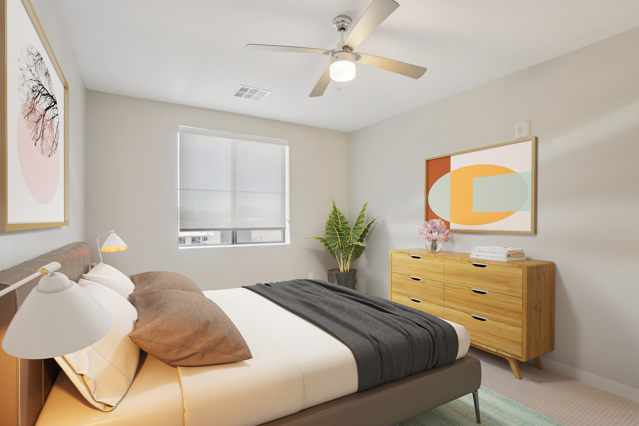 A modern bedroom featuring a neatly made bed with brown and black pillows, a stylish ceiling fan, and a wooden dresser. The walls are light-colored, adorned with abstract artwork. A green plant adds a touch of nature, and a window allows natural light to brighten the space.