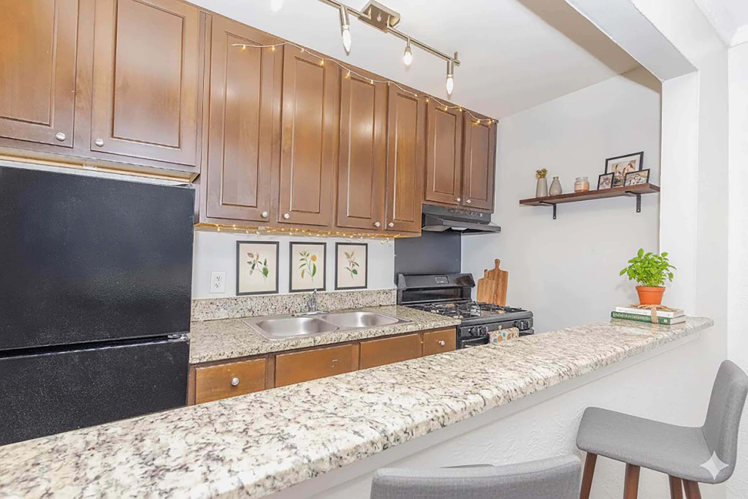 A modern kitchen featuring dark wooden cabinets, a granite countertop, a black refrigerator, and a stove. There are plants and decorative items on the shelves, along with framed art. The bar seating area has two gray stools, and string lights add a warm ambiance.