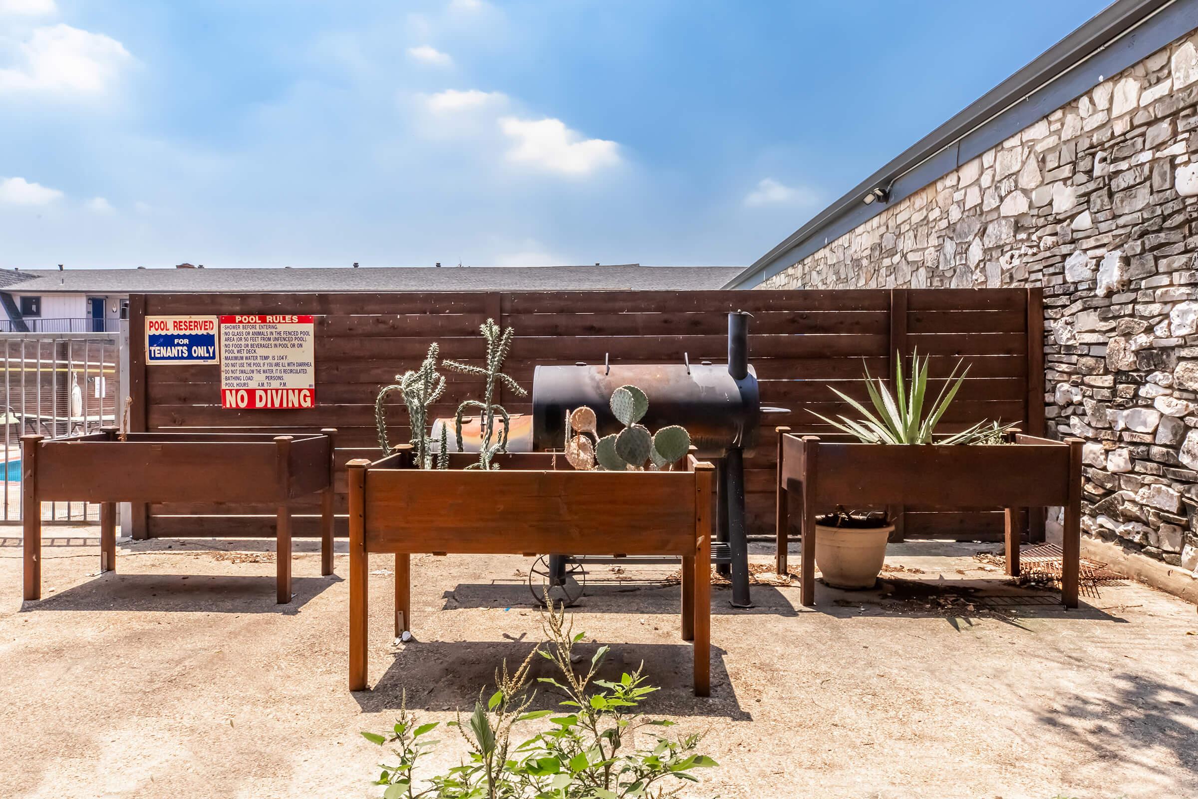 a wooden bench in front of a building