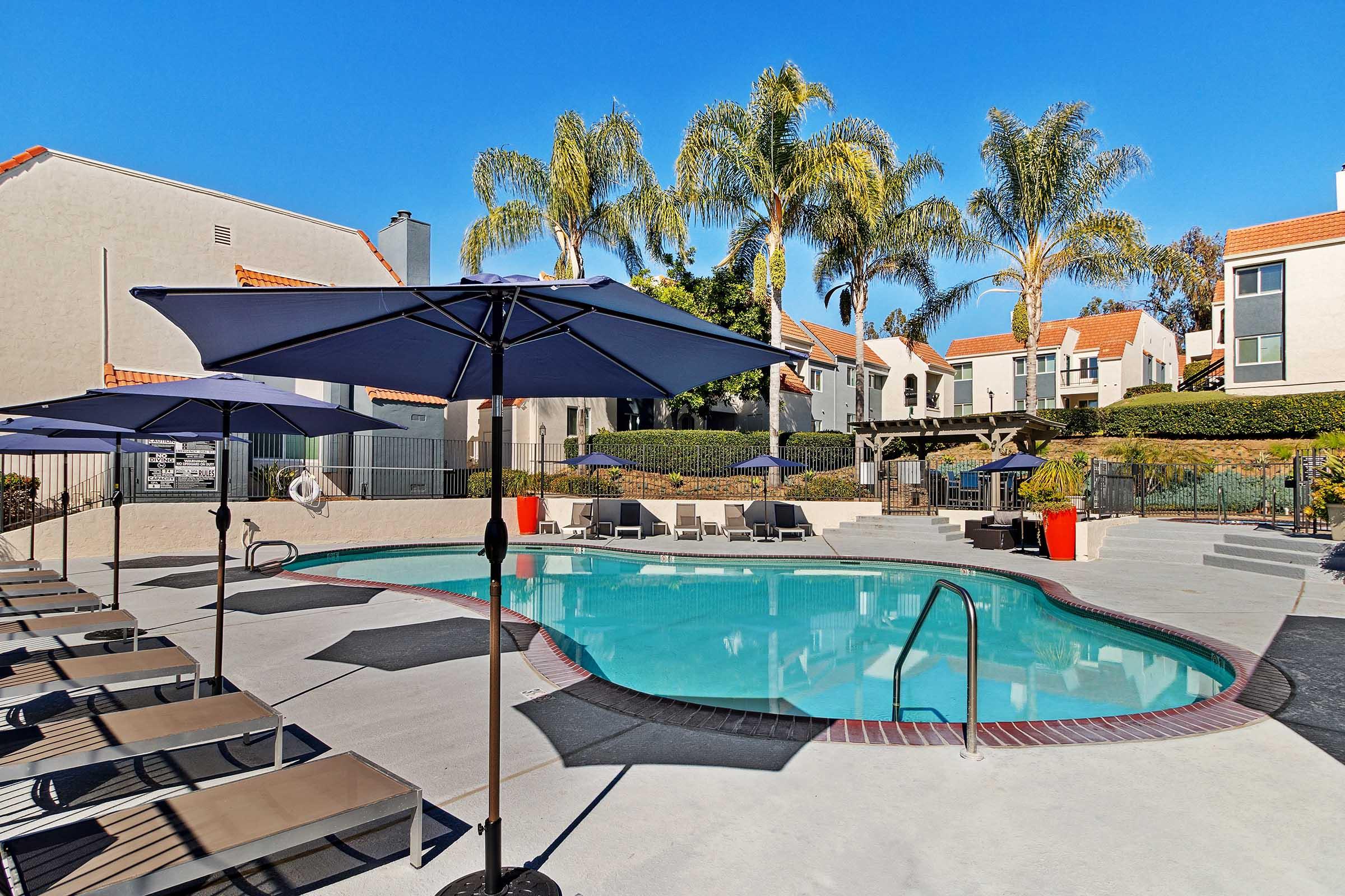 A spacious swimming pool surrounded by lounge chairs and large umbrellas, with palm trees in the background and residential buildings in a sunny setting.
