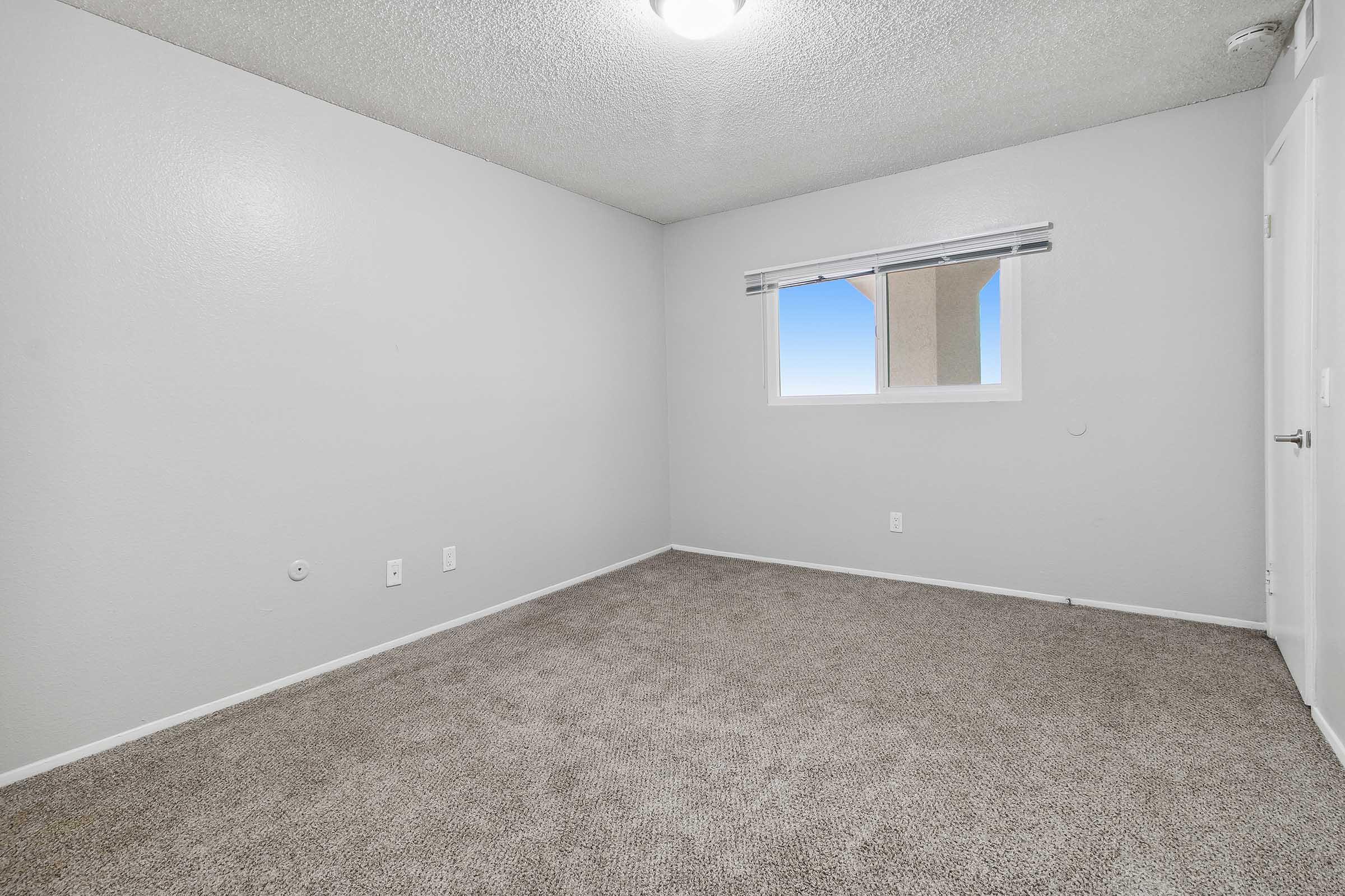 A vacant room with gray walls and light brown carpet. There is a window allowing natural light in, with a view of blue sky. The room appears clean and unfurnished, featuring a ceiling light and a door on the right side.