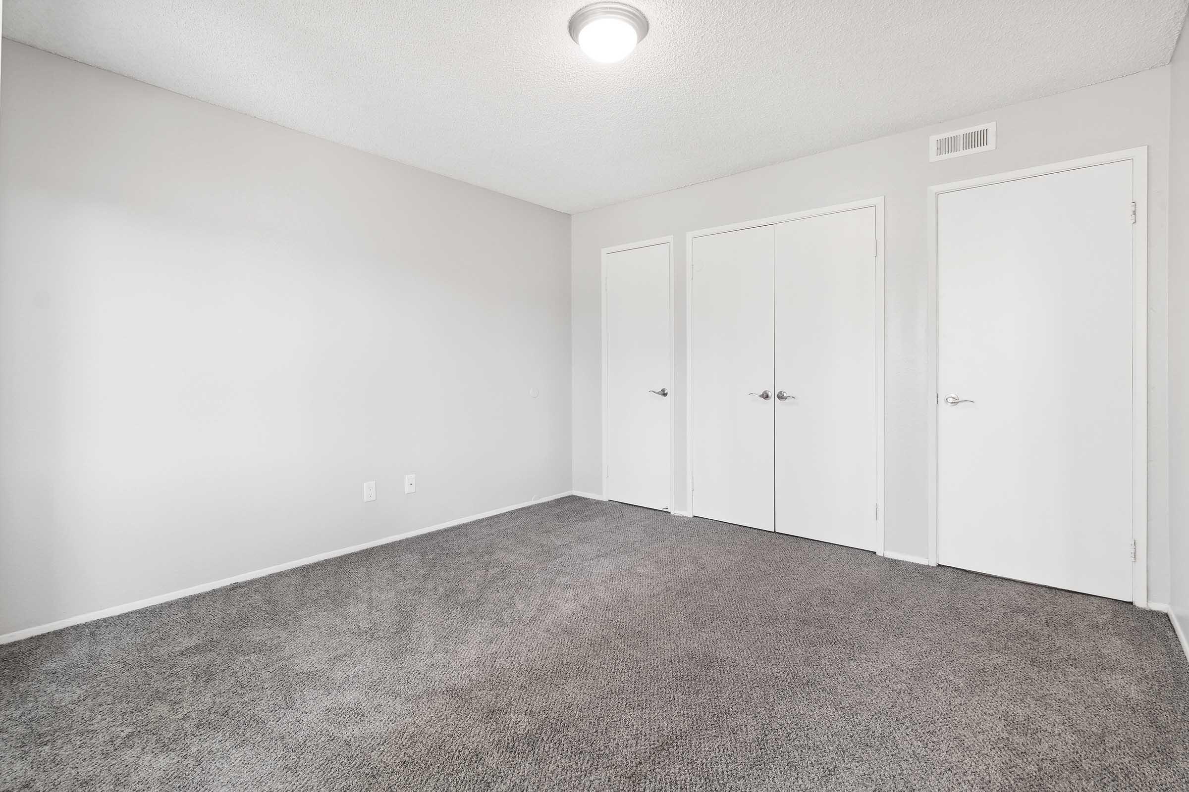 A clean, empty room with gray carpet and light gray walls. Two closed doors are visible on the right side, and a ceiling light provides illumination. The room is devoid of furniture, creating a spacious and minimalist feel.
