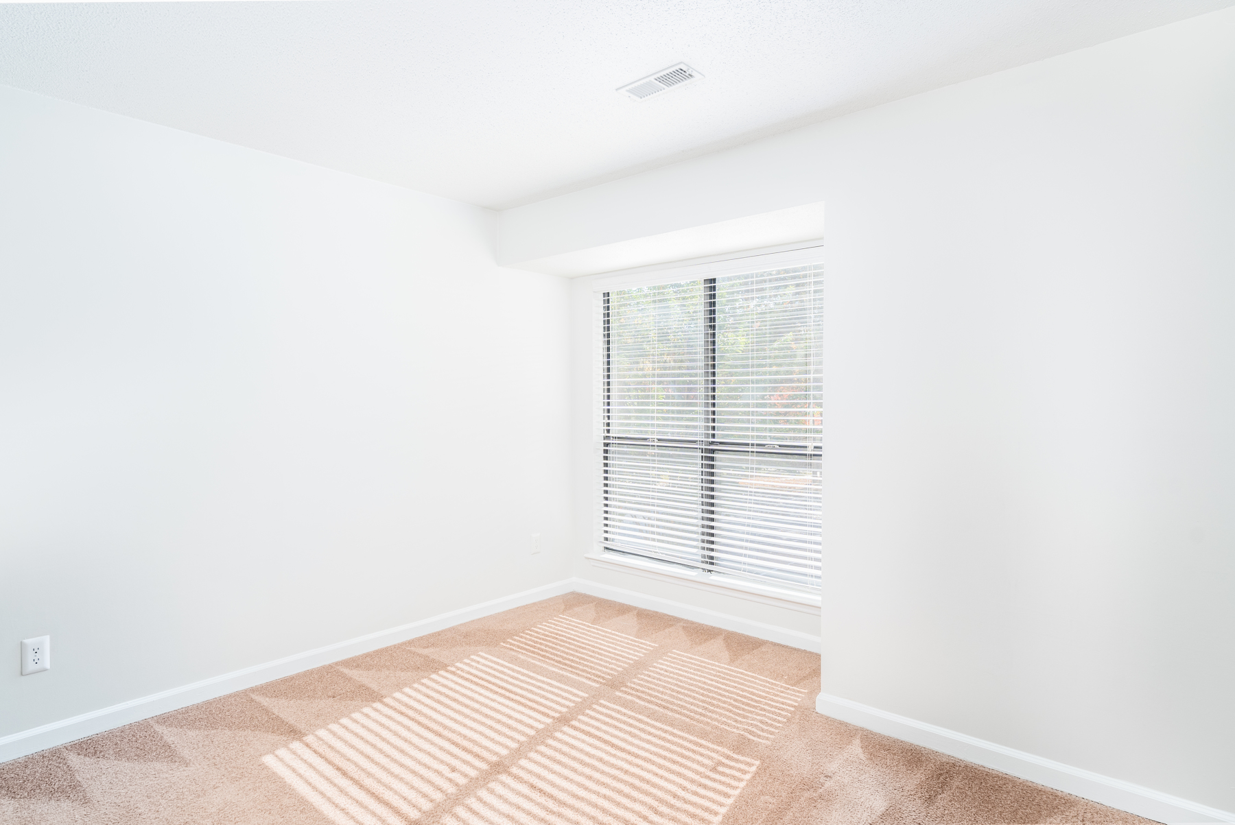 Carpeted room with large window at Huntsview Apartments in Greensboro, North Carolina