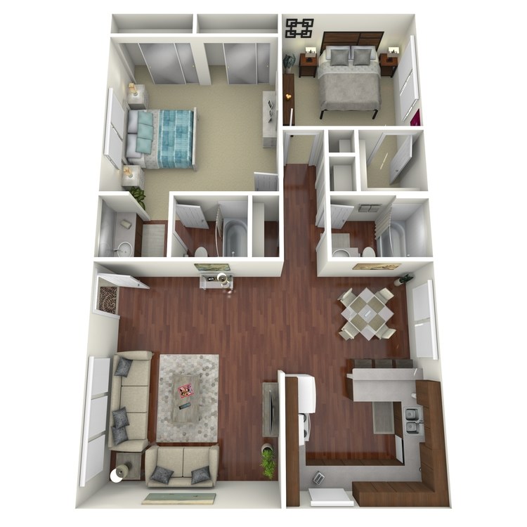 Plan D, a 2 bedroom 2 bathroom floor plan.
