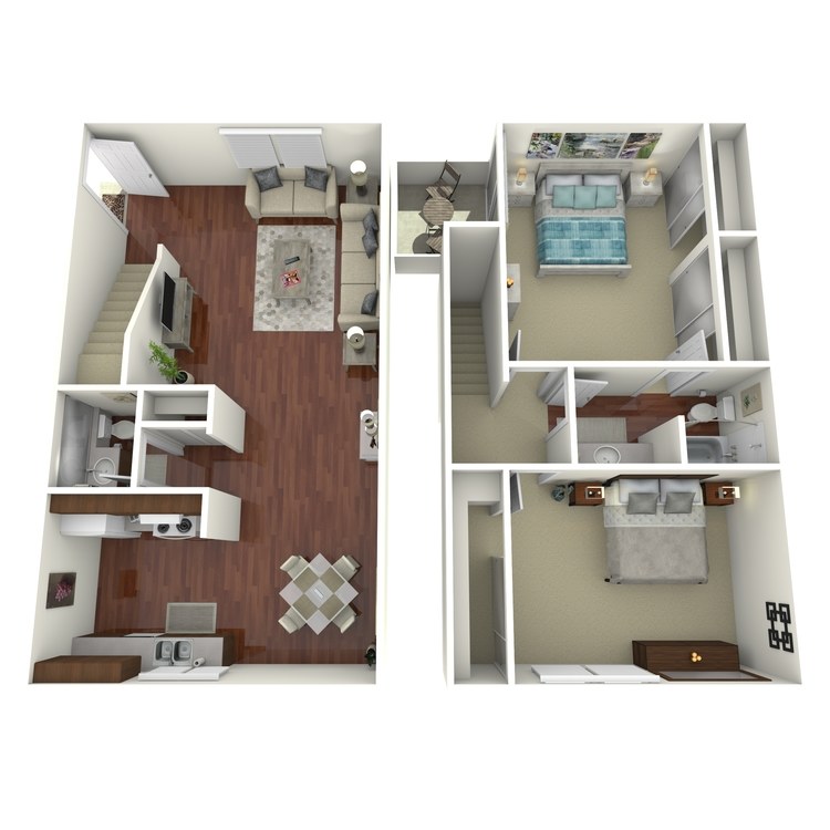 Plan F, a 2 bedroom 1.5 bathroom floor plan.