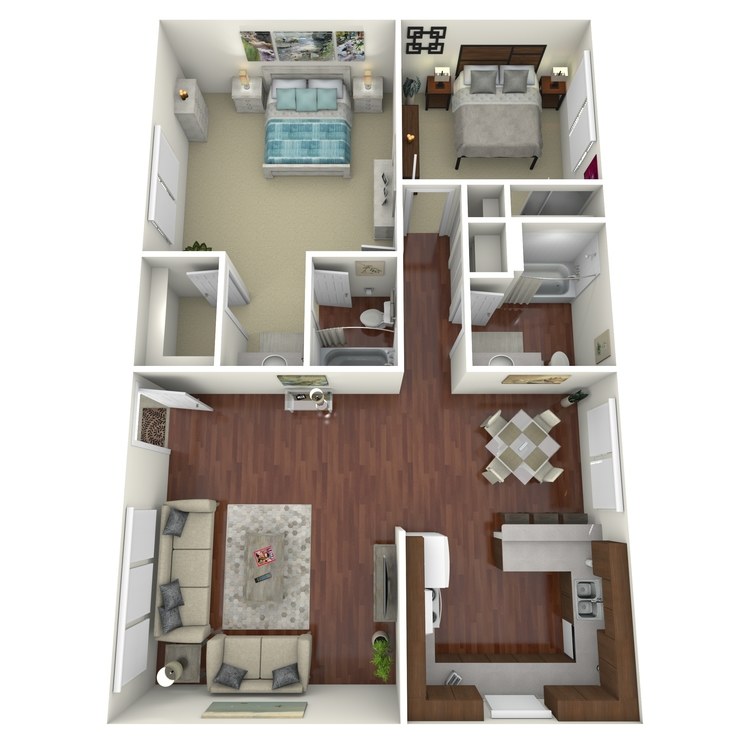 Plan E, a 2 bedroom 2 bathroom floor plan.