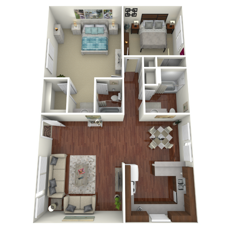 Plan H, a 2 bedroom 2 bathroom floor plan.