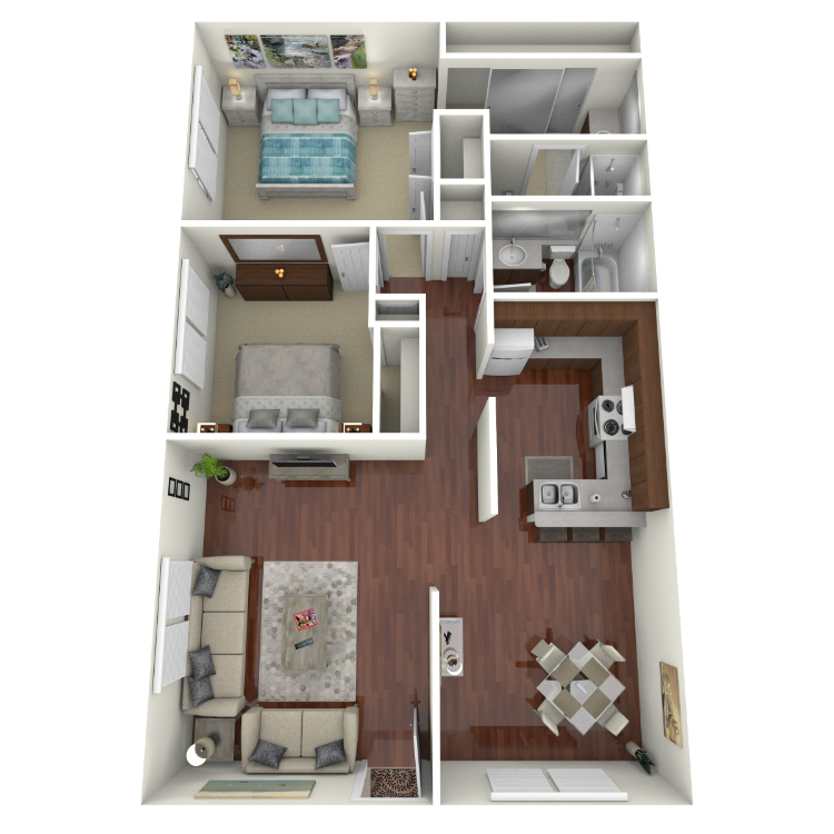Plan E, a 2 bedroom 2 bathroom floor plan.