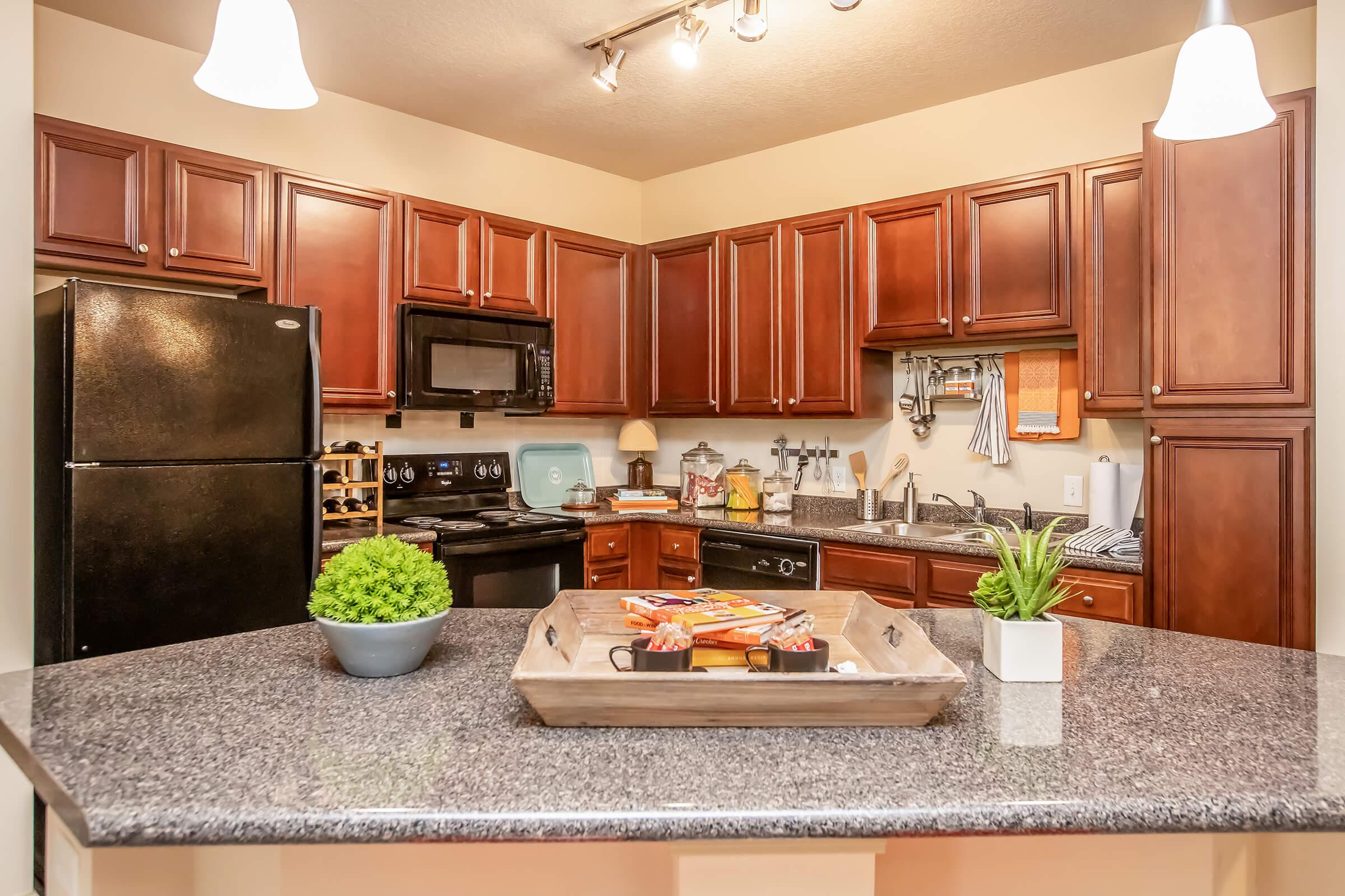 A modern kitchen featuring dark wooden cabinets, black appliances including a refrigerator and microwave, and a granite countertop. The countertop is adorned with a decorative tray holding snacks and a small potted plant. Soft lighting from pendant lights enhances the inviting atmosphere.