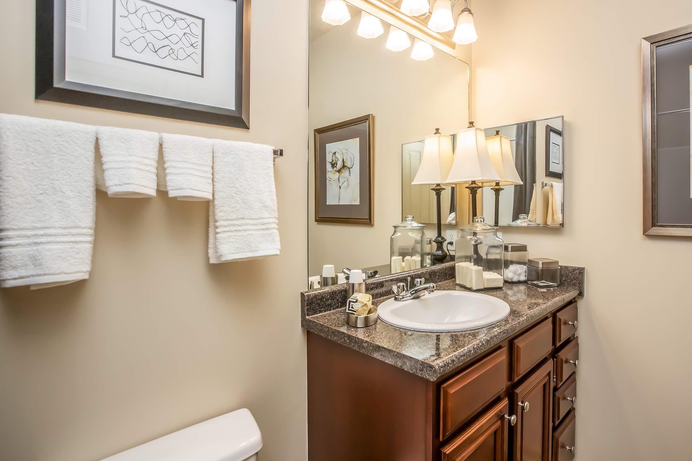 A well-decorated bathroom featuring a wooden vanity with a sink, a large mirror with lights above, and neatly rolled towels hanging on a rack. Decorative items include glass containers on the counter and framed artwork on the walls, creating a clean and inviting atmosphere.