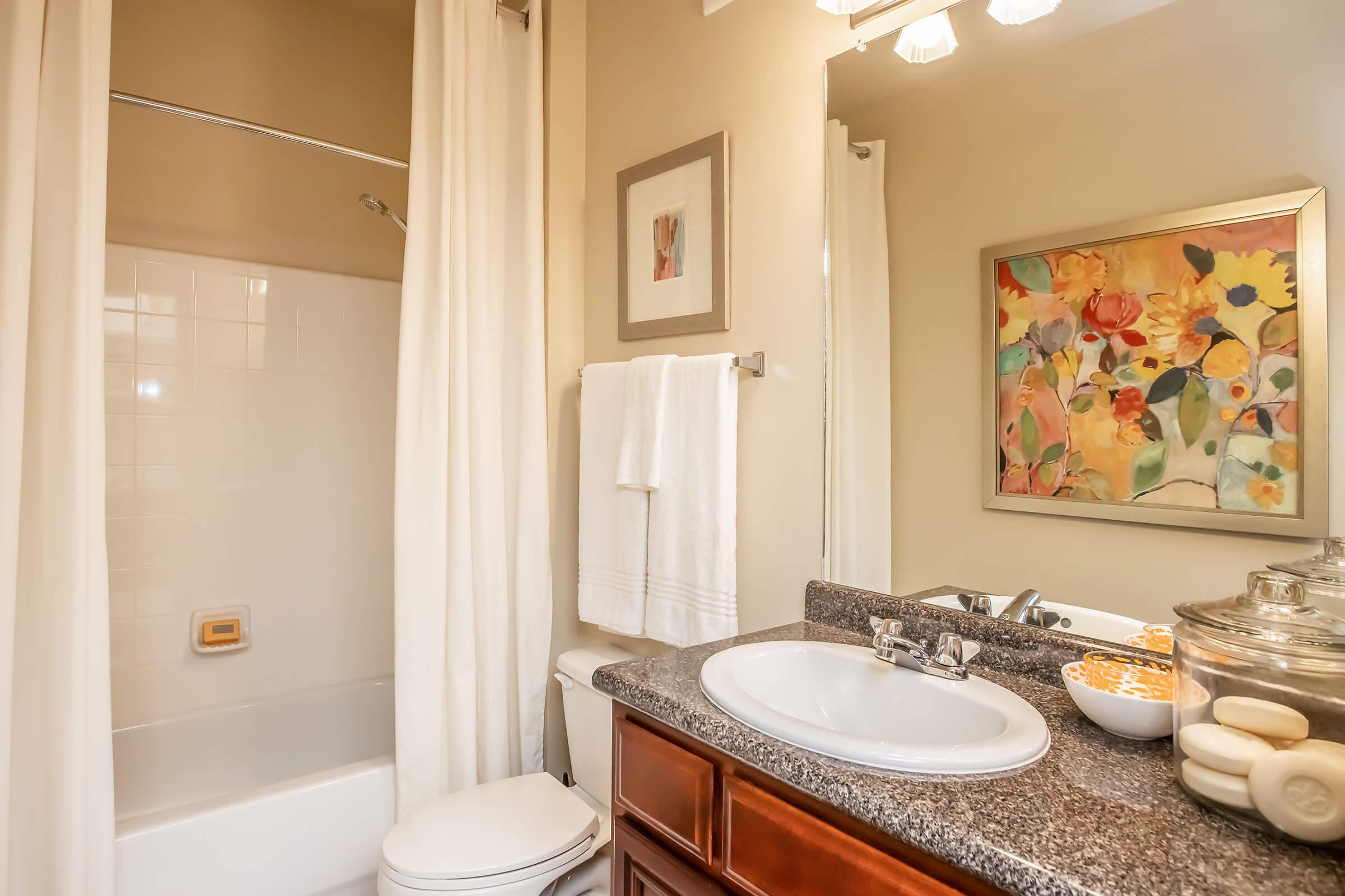 A clean, modern bathroom featuring a shower with a curtain, a toilet, and a vanity with a sink. The countertop is dark granite, adorned with decorative bowls and a glass jar. A framed floral artwork hangs on the wall, accompanied by neatly arranged white towels. Overall, the space is bright and inviting.