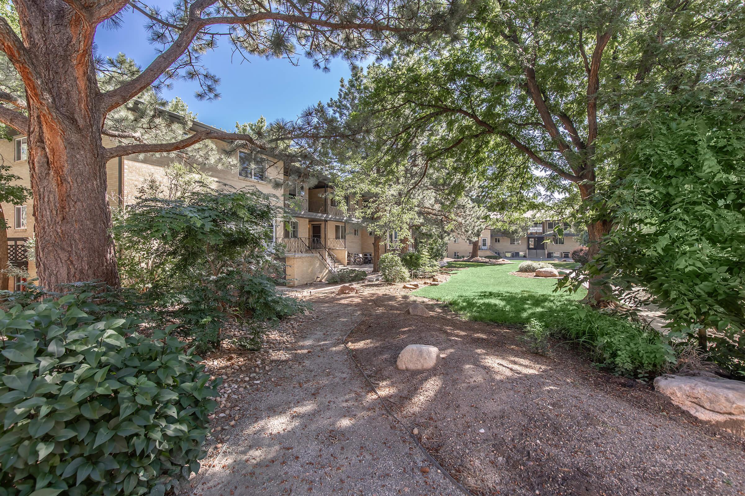 a house with bushes in front of a tree