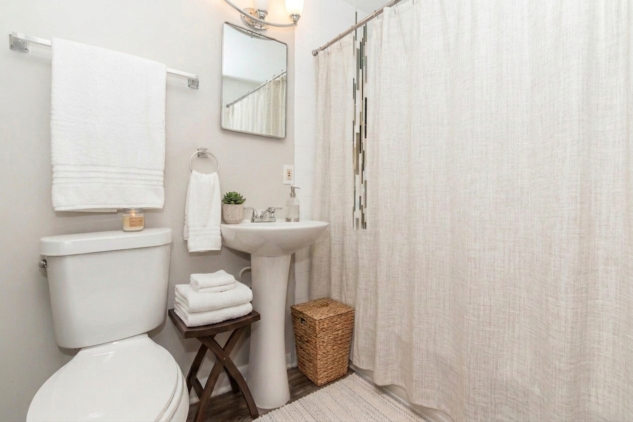 A small bathroom featuring a toilet, a pedestal sink, and a mirror. White towels are neatly arranged on a rack, and a plant sits beside the sink. A beige shower curtain partially obscures the tub, and a woven basket adds a touch of storage. The space is well-lit and has a clean, modern aesthetic.
