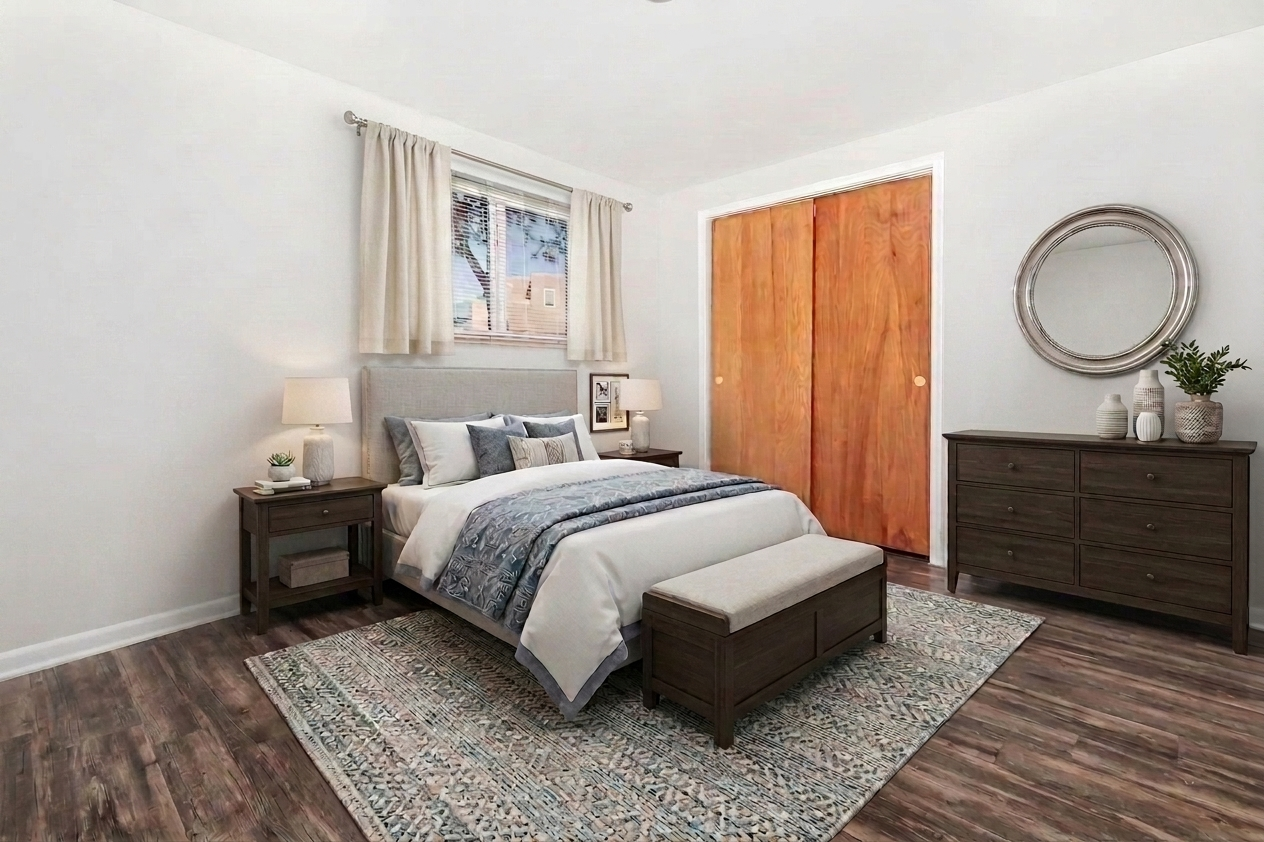 A cozy bedroom featuring a queen-sized bed with blue and white bedding, flanked by two nightstands with lamps. A stylish bench at the foot of the bed complements the room, which includes a dark wooden dresser and a round mirror on the wall. Light-colored walls and wooden floors add warmth to the space.