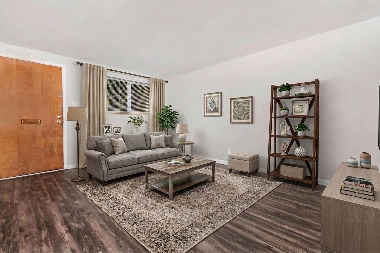 A cozy living room featuring a gray sofa with decorative pillows, a wooden coffee table on a patterned rug, a bookshelf with decor items, a small ottoman, and a floor lamp. Natural light filters through a window adorned with curtains. The walls are decorated with framed artwork, creating a warm and inviting atmosphere.