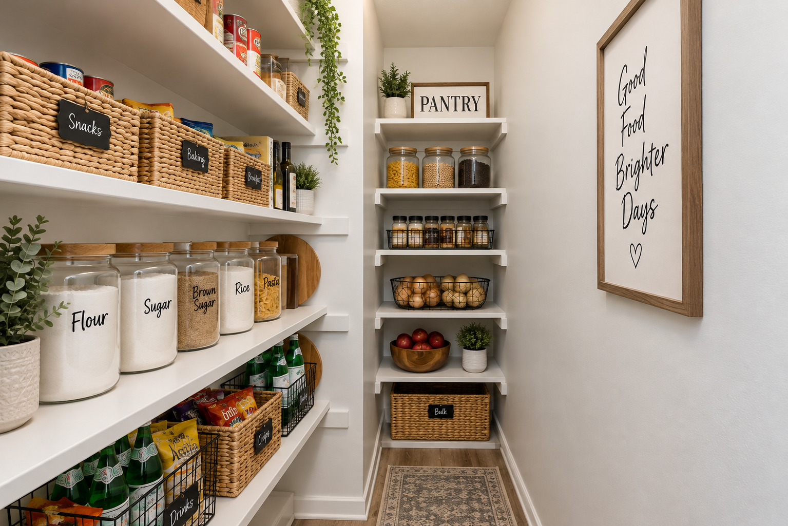 A well-organized pantry featuring white shelves lined with labeled baskets and jars containing various cooking ingredients like flour, sugar, and snacks. The walls are decorated with a framed sign reading "Good Food, Brighter Days." Fresh produce is visible on the middle shelf, enhancing the inviting atmosphere.