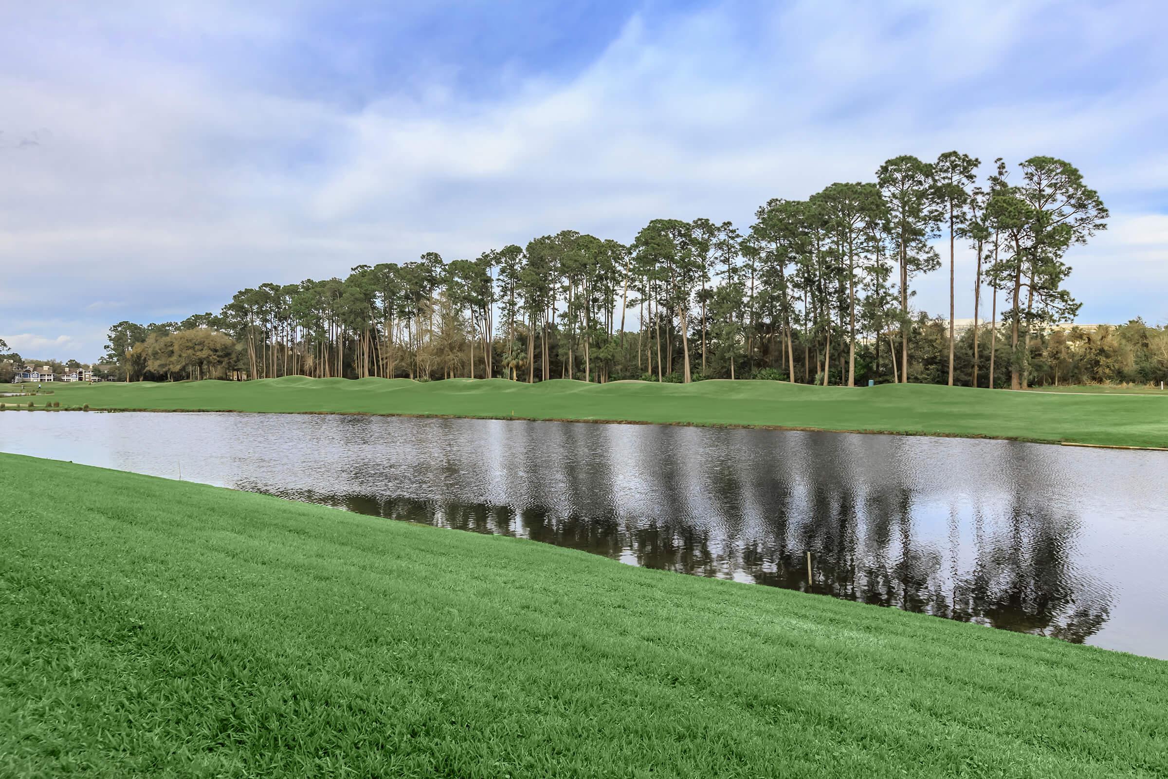 a lake surrounded by green grass and a body of water