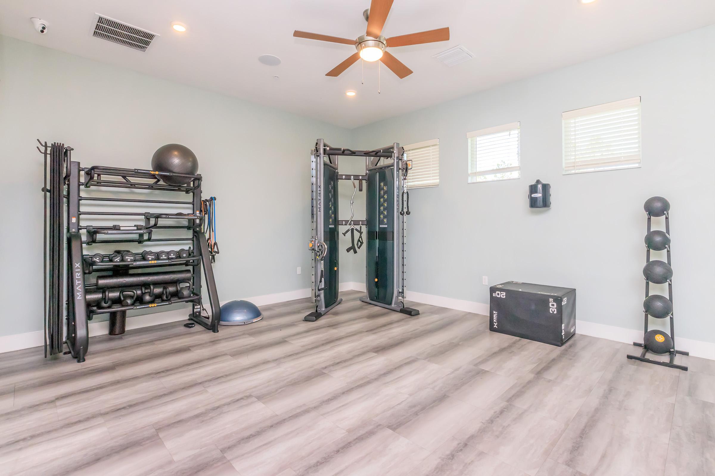 A modern home gym featuring a multi-functional weight machine, free weights on a rack, a stability ball, and a plyometric box. The room has light-colored walls, grey flooring, and natural light streaming through the windows, creating an inviting and spacious workout environment.