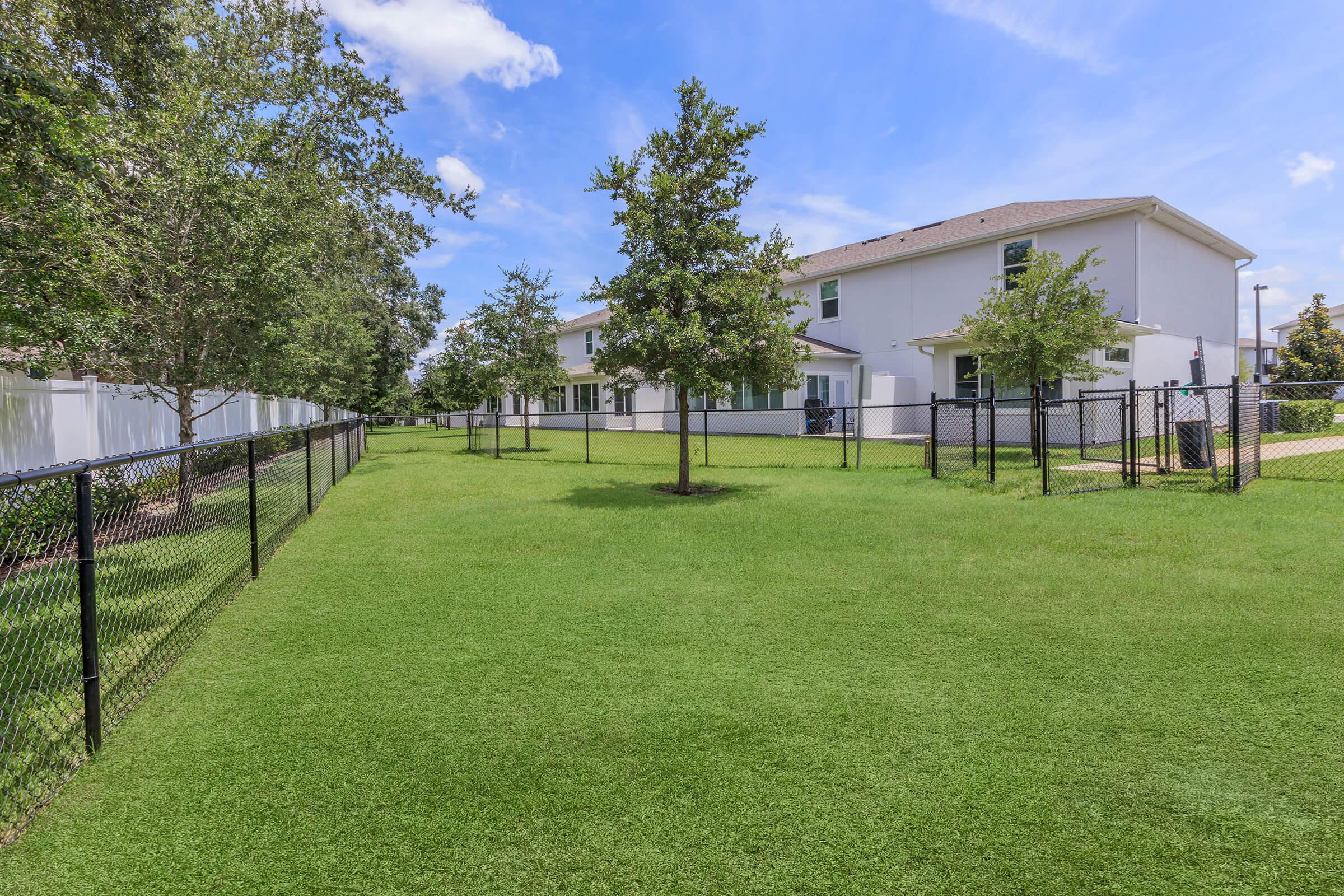 A spacious green lawn bordered by a black chain-link fence, with small trees and shrubs. In the background, two white houses are visible under a clear blue sky with a few clouds. The scene appears well-maintained and inviting, ideal for outdoor activities.