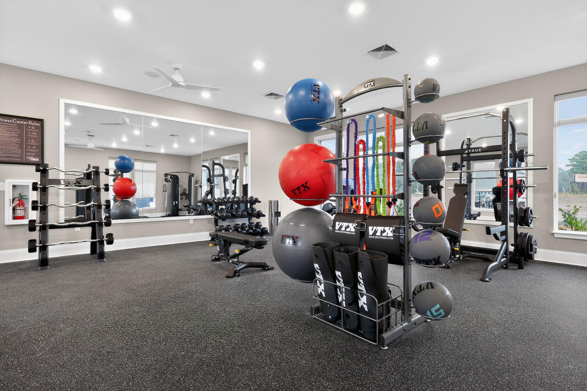 A modern gym interior featuring a variety of exercise equipment. There are free weights, resistance bands, and stability balls organized on racks. Mirrors line the walls, enhancing the bright, spacious feel. The flooring is black rubber, and large windows allow natural light to illuminate the space.