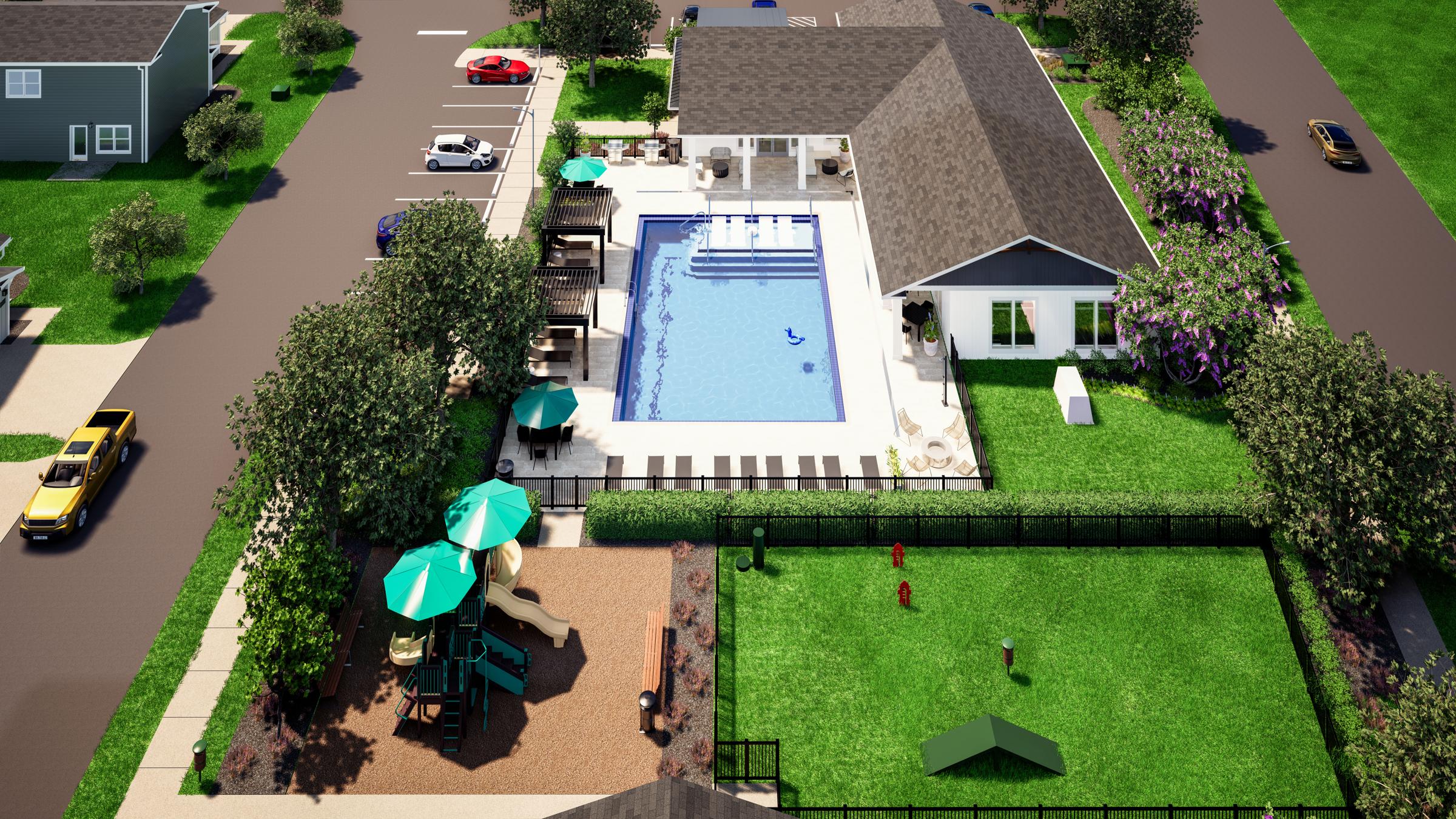 Aerial view of a community area featuring a large swimming pool, surrounded by lounge chairs. Adjacent to the pool is a playground with slides and climbing structures, alongside a grassy field. Parking spaces and several trees are visible in the surrounding landscape, creating an inviting recreational space.