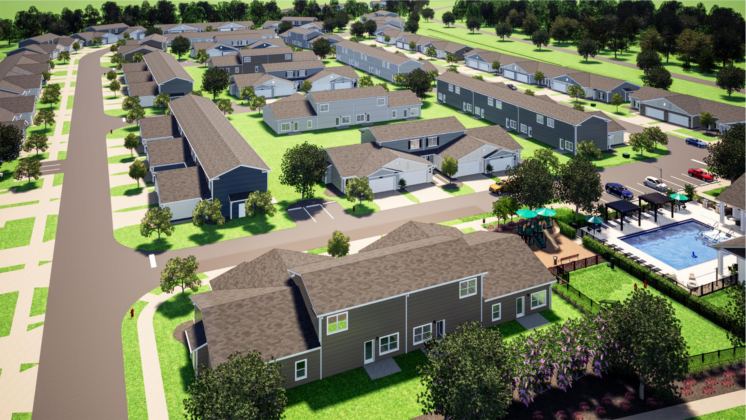Aerial view of a residential neighborhood featuring multiple single-story and two-story buildings. The area includes well-maintained green spaces, streets lined with trees, and parked cars. In the foreground, a pool and recreational area with seating are visible, surrounded by lush landscaping.