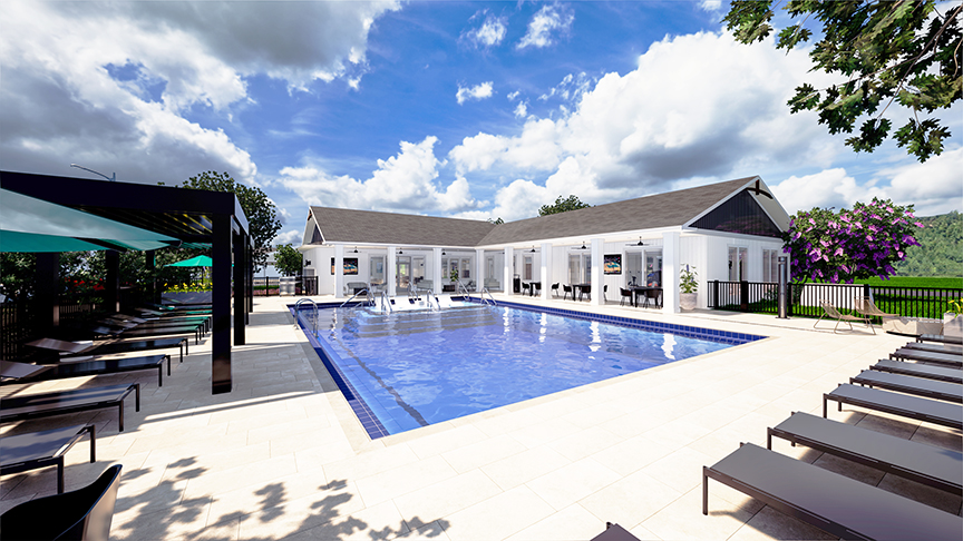 A spacious outdoor swimming pool surrounded by lounge chairs and umbrellas. The pool area features modern amenities and is adjacent to a building with large windows and manicured landscaping. The sky is bright with fluffy clouds, creating a relaxing and inviting atmosphere.