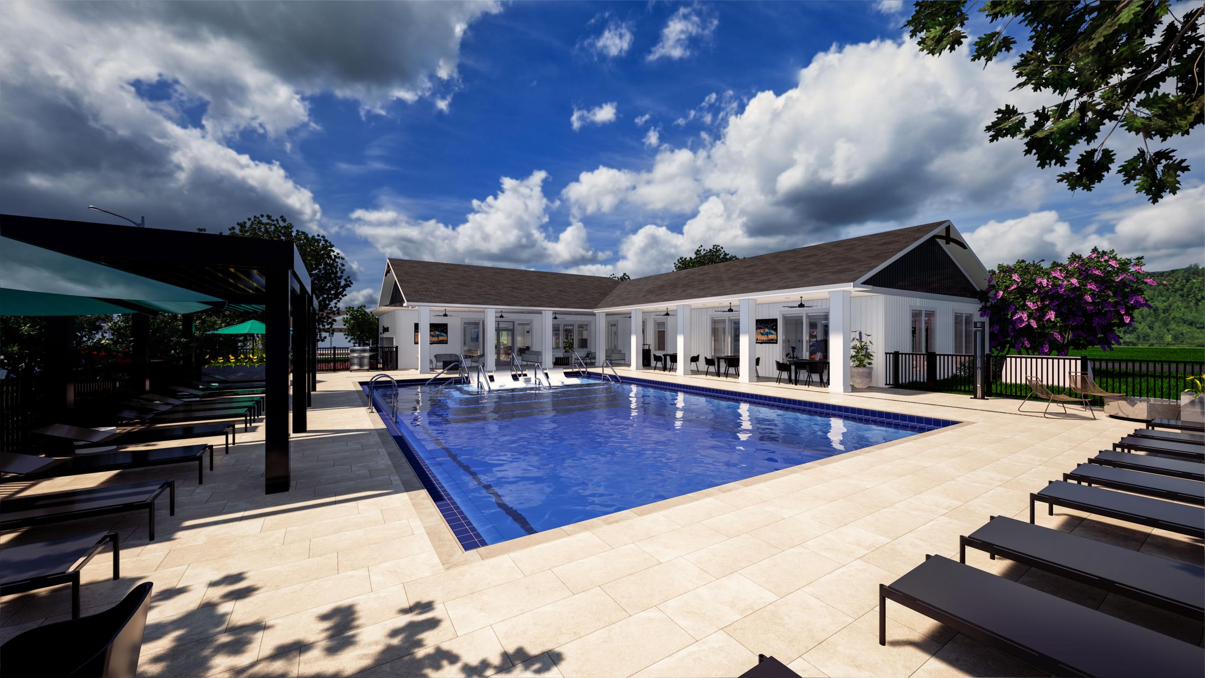 A serene outdoor pool area featuring a rectangular swimming pool surrounded by lounge chairs. In the background, a modern building with large windows and a patio can be seen, complemented by lush greenery and vibrant flowers under a partly cloudy sky.