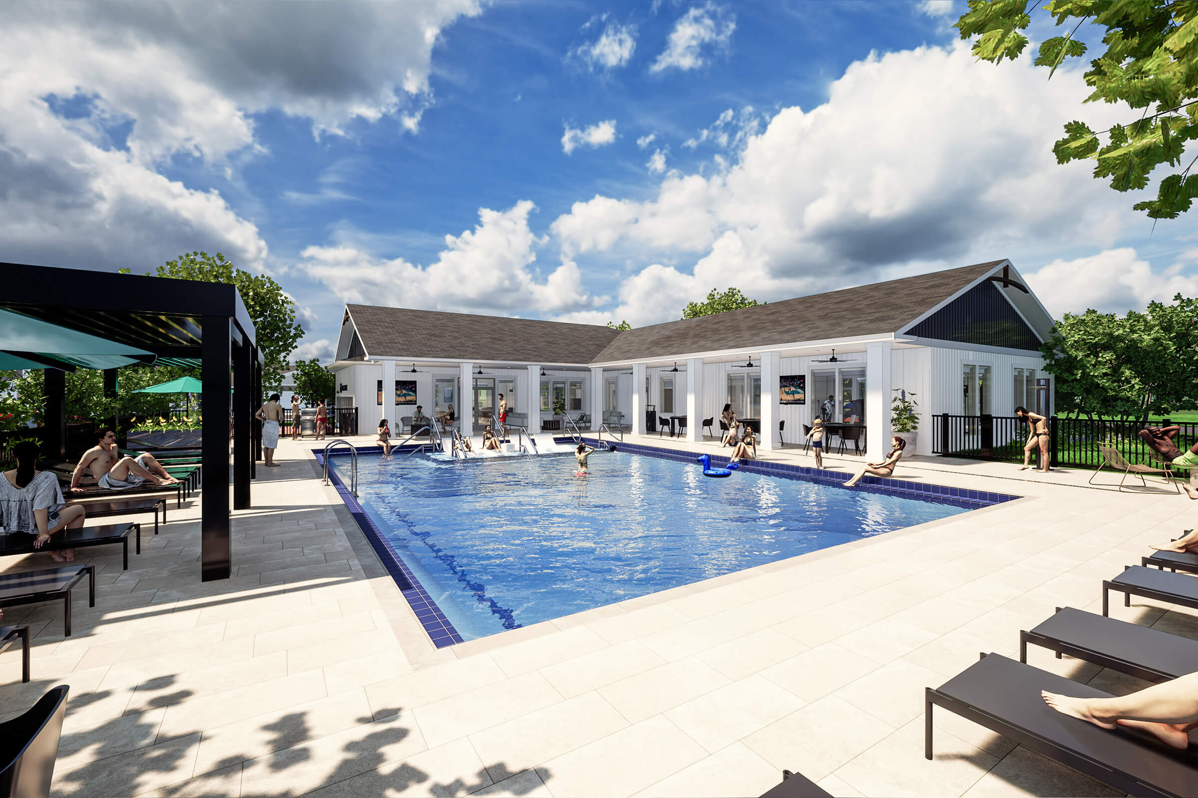 A vibrant pool area featuring a large, rectangular swimming pool surrounded by lounge chairs. Several people are enjoying the space, some swimming, others lounging. In the background, a modern building houses amenities, with green trees and a blue sky dotted with clouds enhancing the inviting atmosphere.