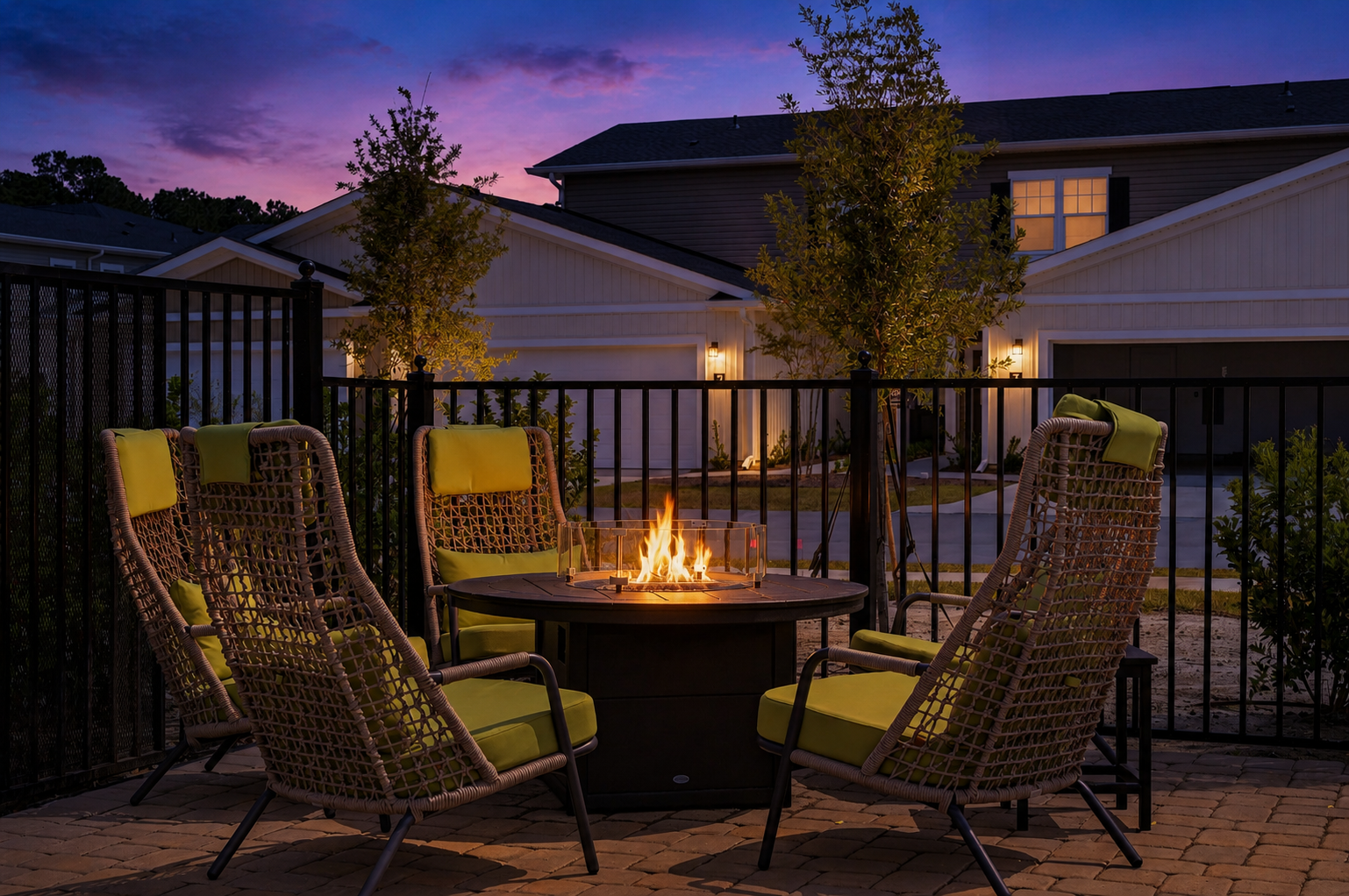 A cozy outdoor seating area featuring four modern chairs with green cushions arranged around a circular fire pit. The scene is set at dusk, with a soft purple and pink sky, and a residential home in the background. The area is bordered by a black fence, creating a warm and inviting atmosphere.