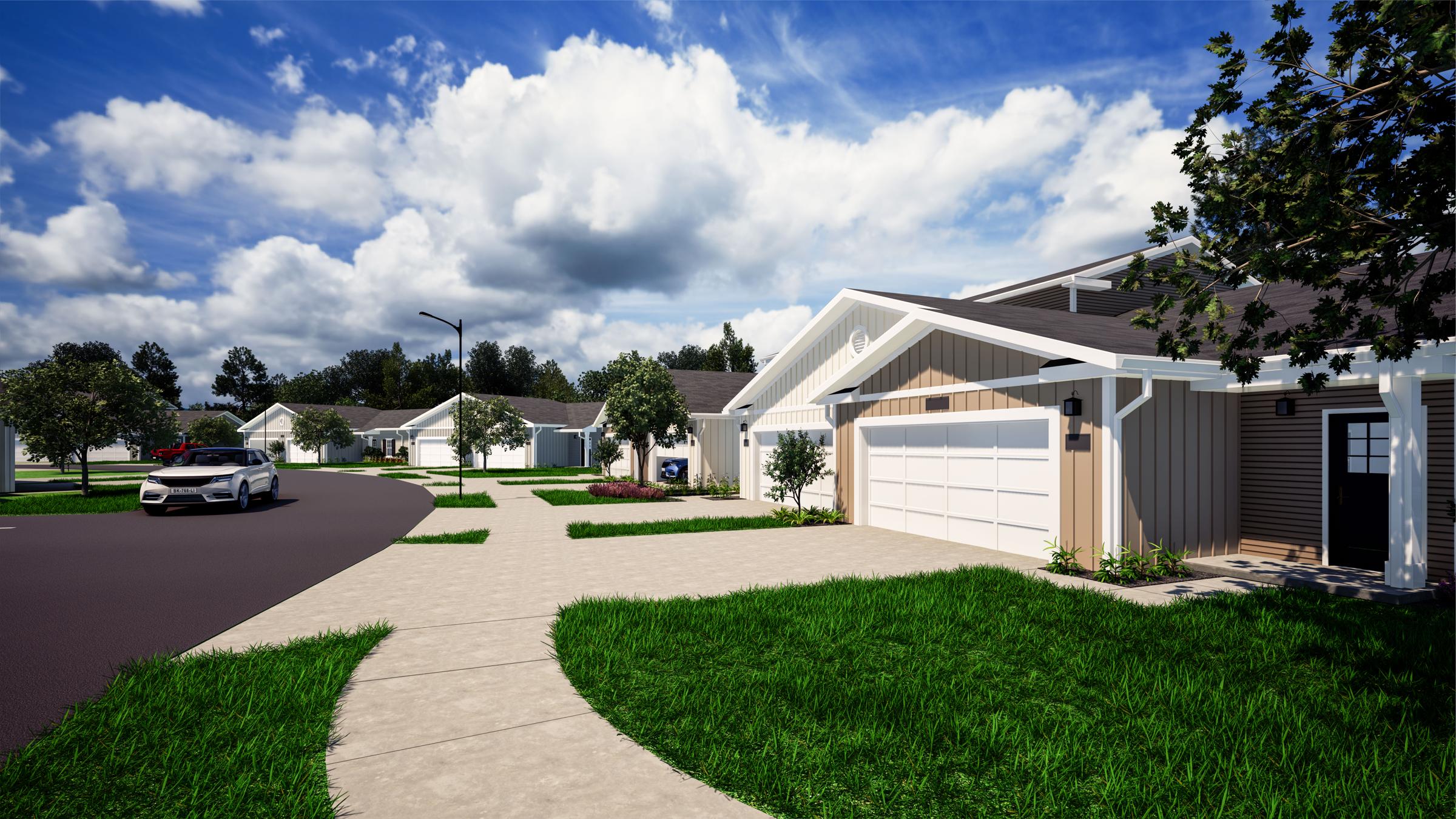 A modern suburban neighborhood featuring curved sidewalks, well-maintained lawns, and several houses with varying architectural styles. The sky is filled with fluffy clouds, and a car is parked near a garage. Trees are strategically placed throughout the area, enhancing the community's aesthetic appeal.