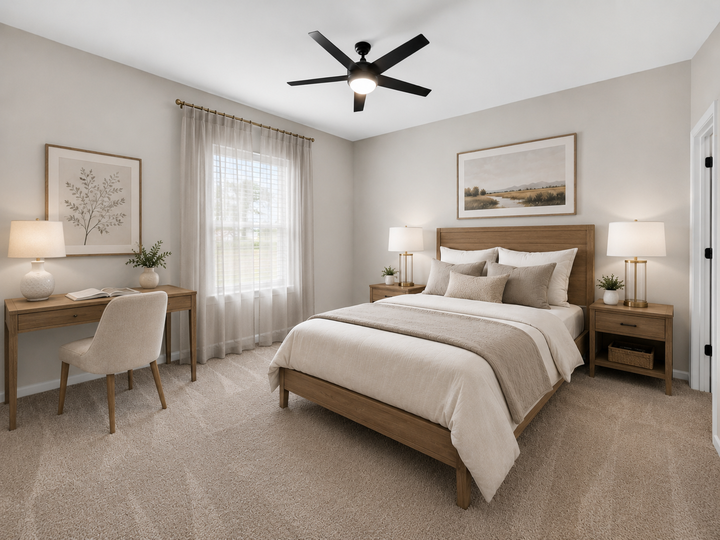 Discover your serene retreat in this beautifully designed bedroom, featuring stylish furnishings, soft natural light, and a cozy atmosphere perfect for relaxation and productivity.