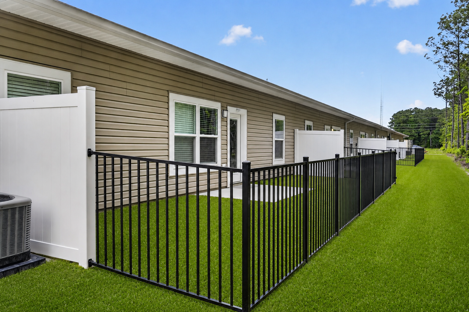 A view of a modern building exterior featuring tan siding and a row of windows, flanked by black iron fencing. The well-maintained green lawn runs parallel to the building, and a small patio area is visible. Trees and a clear blue sky can be seen in the background, creating a tranquil atmosphere.