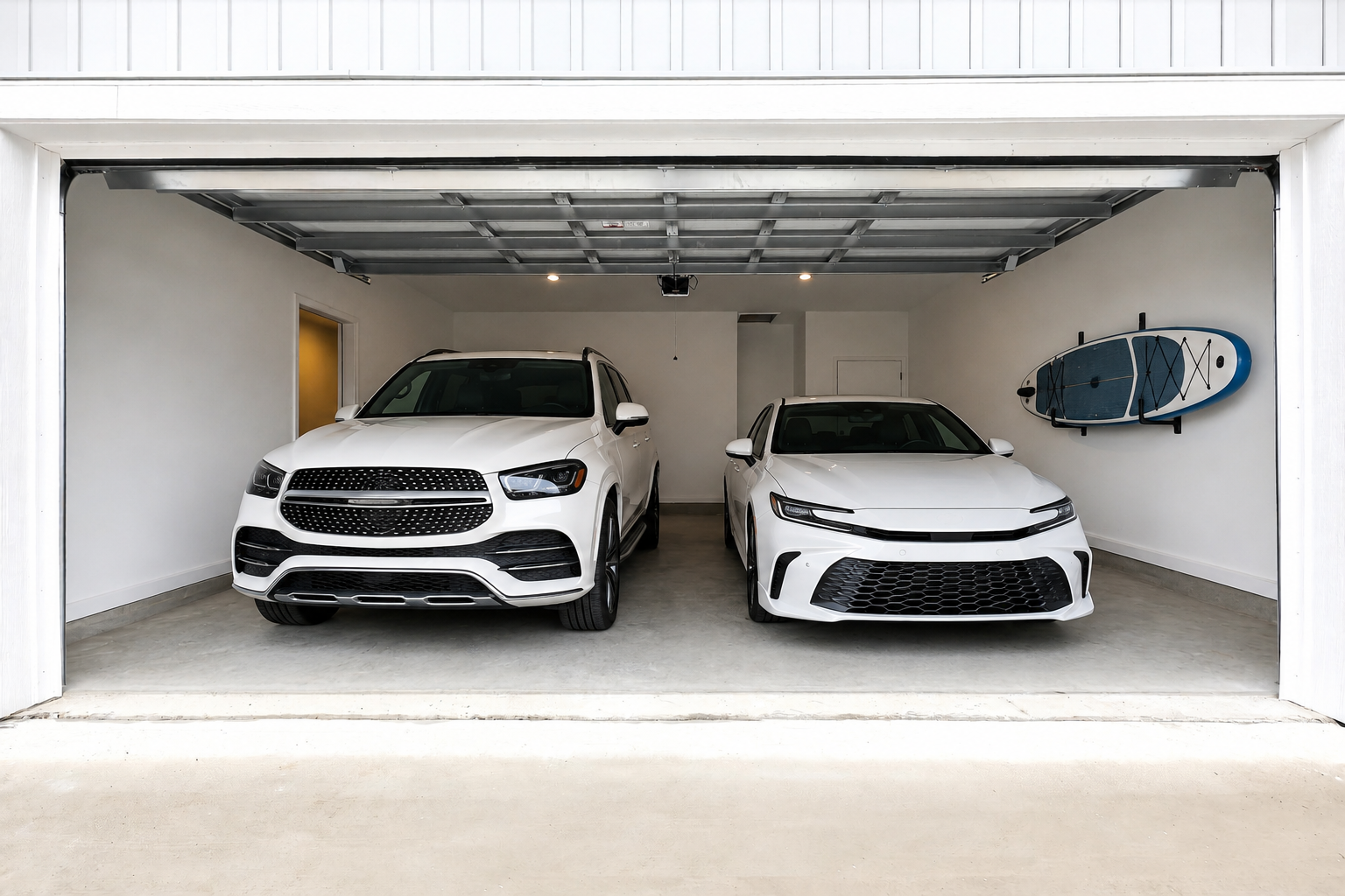 Two modern white vehicles parked side by side in a spacious garage. On the left is an SUV with a bold front grille, and on the right is a sleek sedan featuring a distinctive front design. A surfboard is mounted on the wall, adding a touch of leisure to the minimalist, well-lit space.