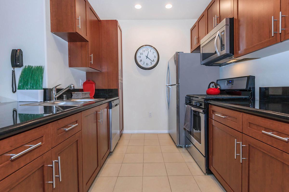 Modern kitchen featuring wooden cabinets, stainless steel appliances, and a large clock on the wall. The countertops are black, and there is a red kettle on the stove. The floor is tiled.