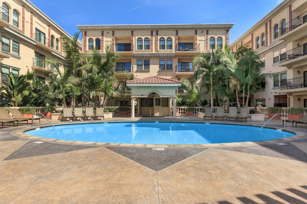 A serene outdoor pool surrounded by palm trees and lounge chairs, with a multi-story building featuring balconies in the background. The sky is clear and blue, contributing to a tranquil atmosphere.