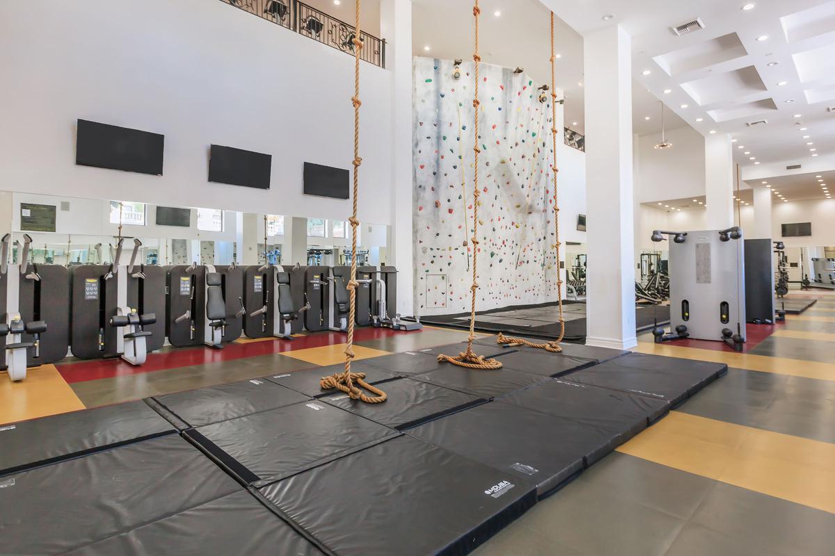 Interior of a gym featuring climbing walls, exercise equipment, and safety mats. Two ropes hang from the ceiling, and there are multiple mirrors along the walls. Bright lighting enhances the spacious feel of the area.